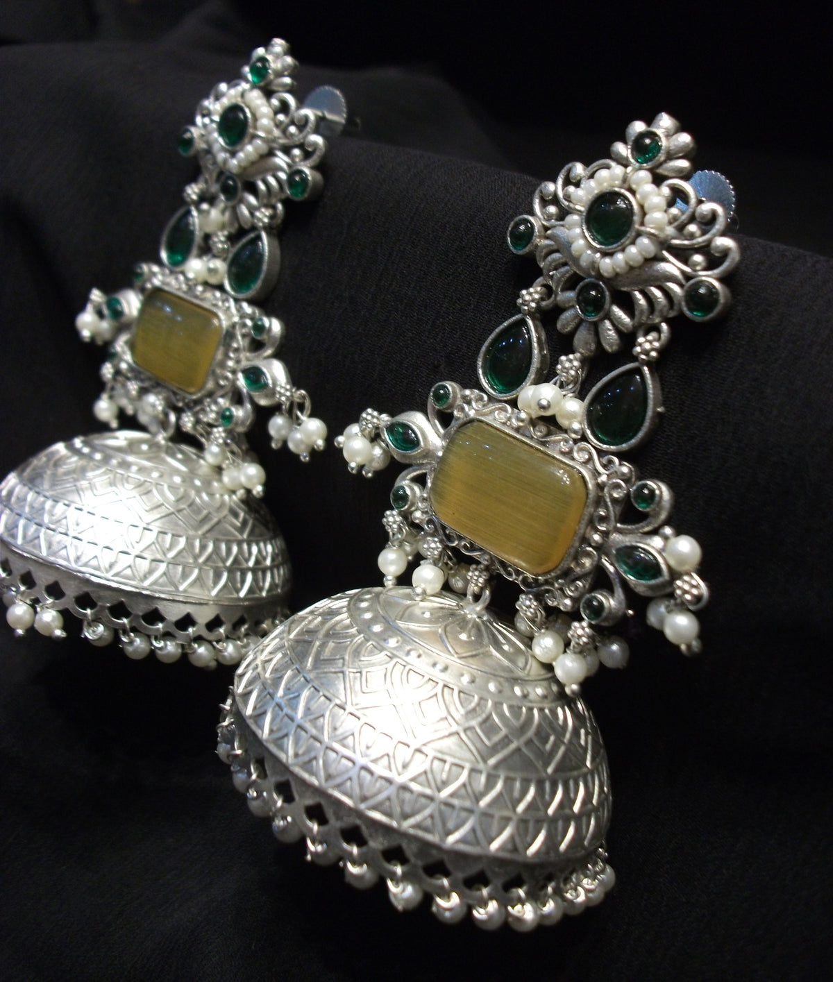 Antique Rectangular Yellow Cabochon Jhumka Earrings