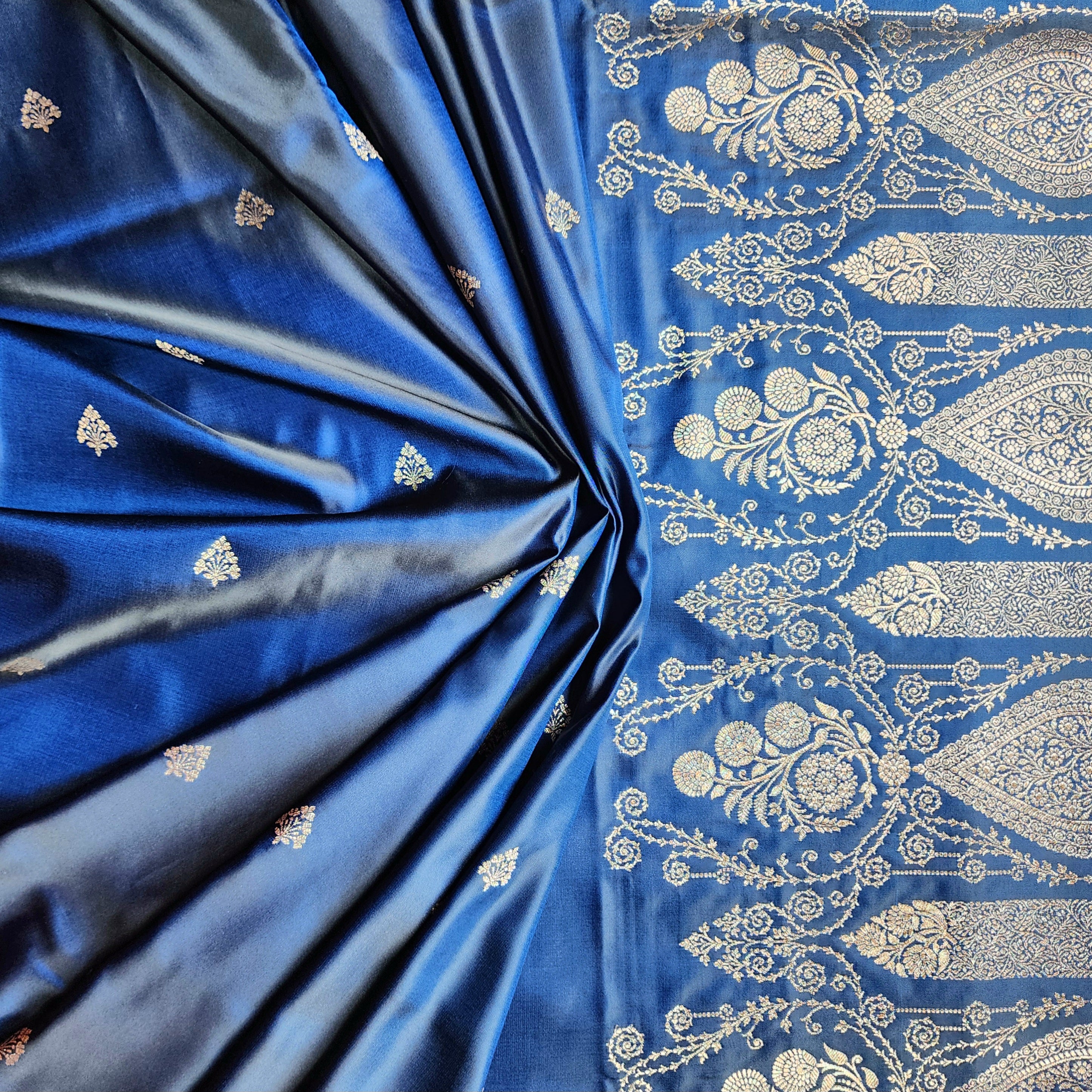 Navy Blue Pure Banarasi Katan Silk Saree with Vermilion Red Border