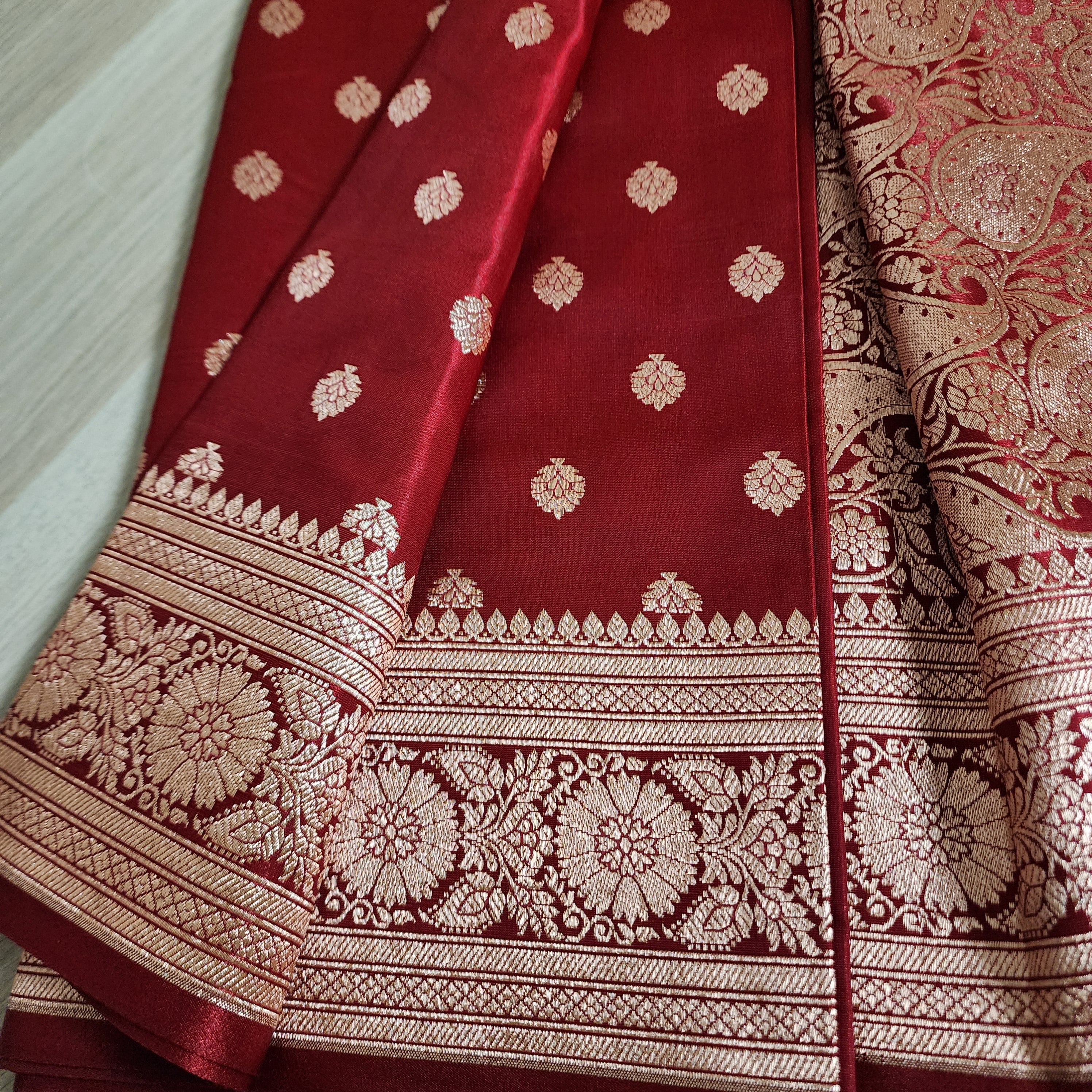 Royal Maroon Red Banarasi Silk Saree with Golden Zari Weave