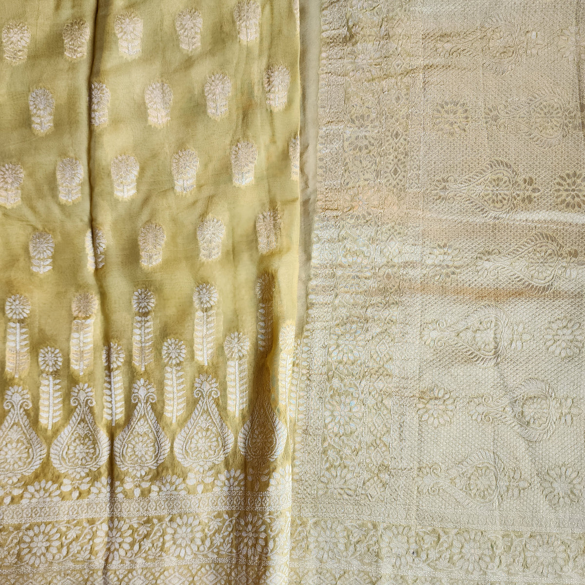 Yellow Khaddi Georgette Pure Banarasi Saree with Gold Zari