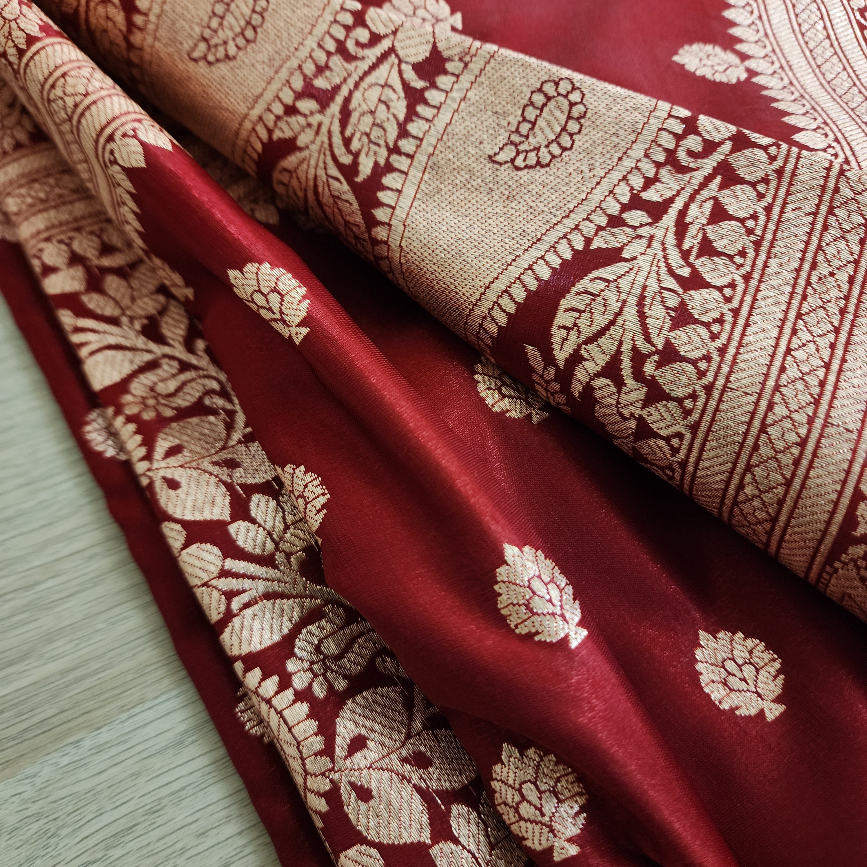 Royal Maroon Red Banarasi Silk Saree with Golden Zari Weave