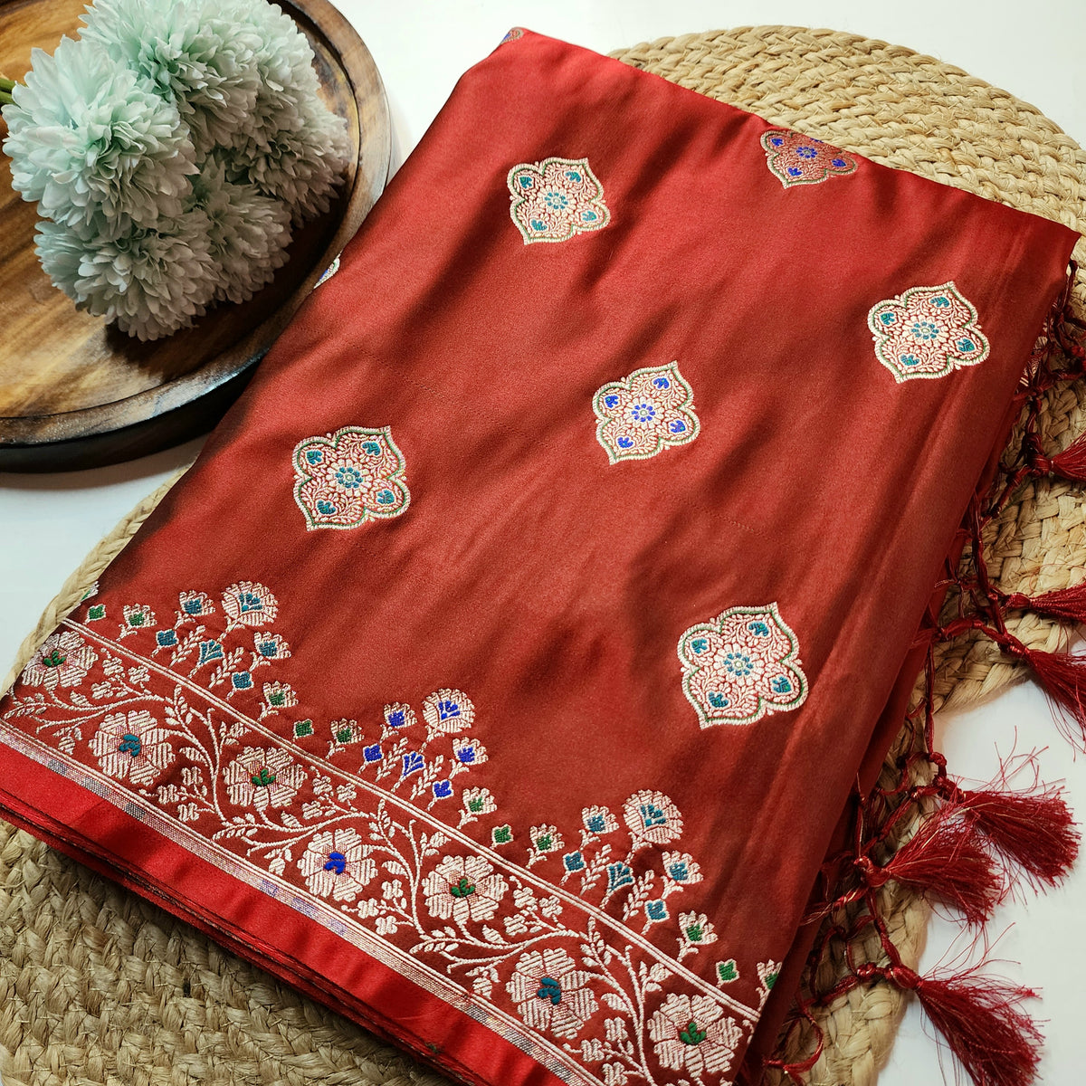 Red Banarasi Katan Silk Saree with Multicolor Meenakari Floral Jaal
