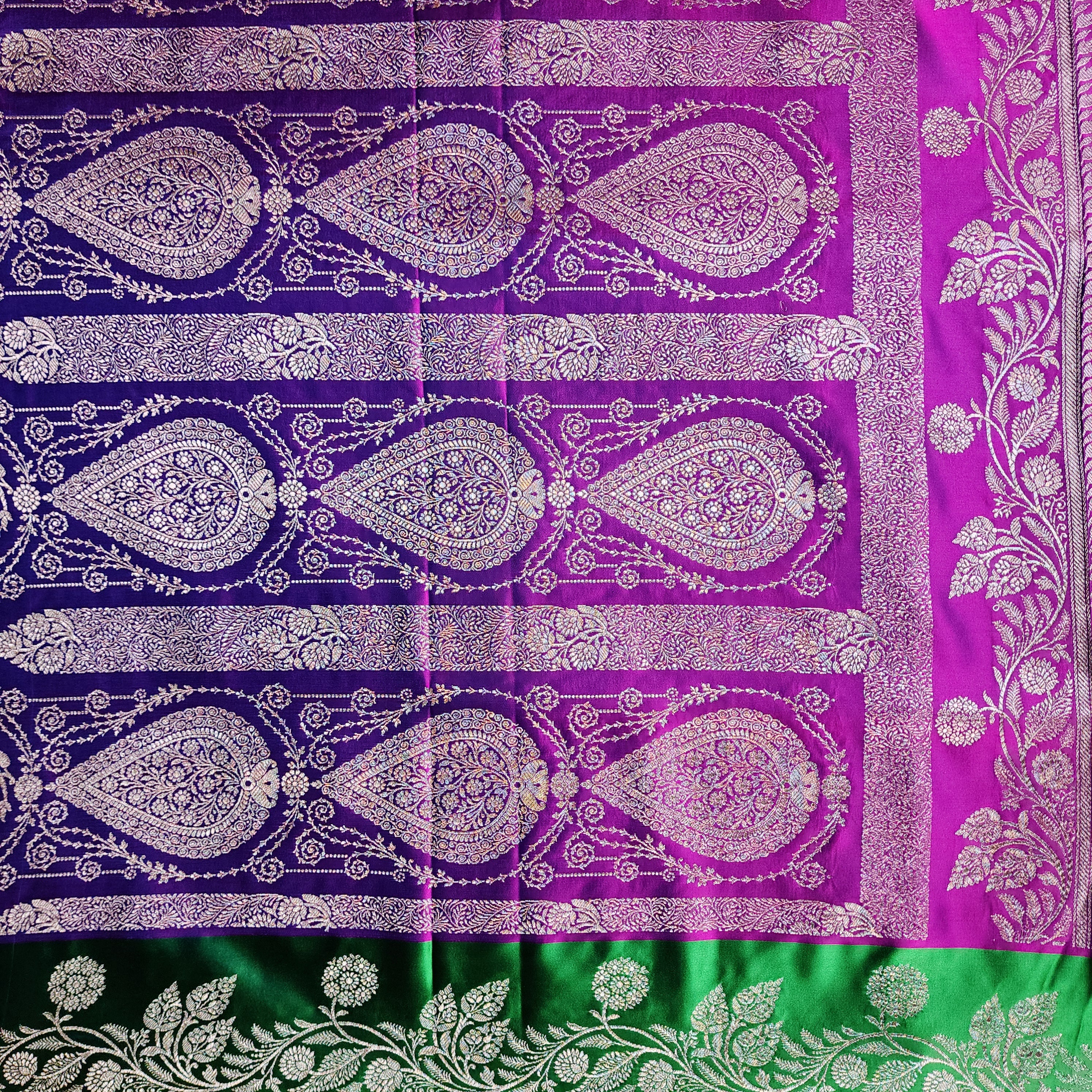 Royal Purple Pure Banarasi Katan Silk Saree with Leaf Green Border