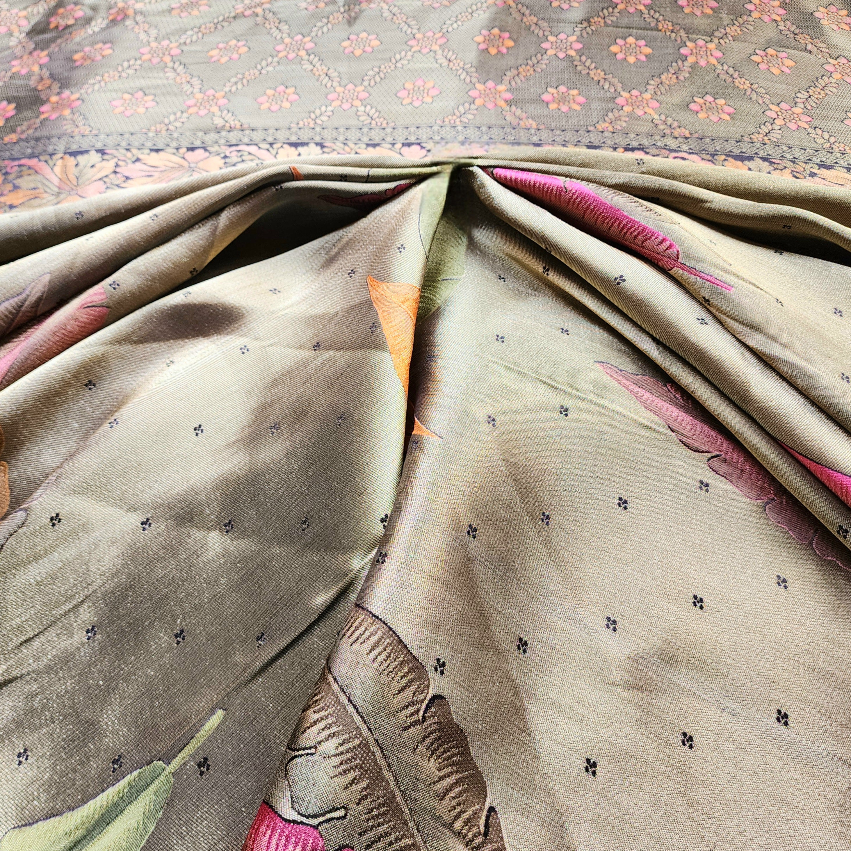 Dove Grey Tissue Silk Saree with Artistic Leaf Motifs