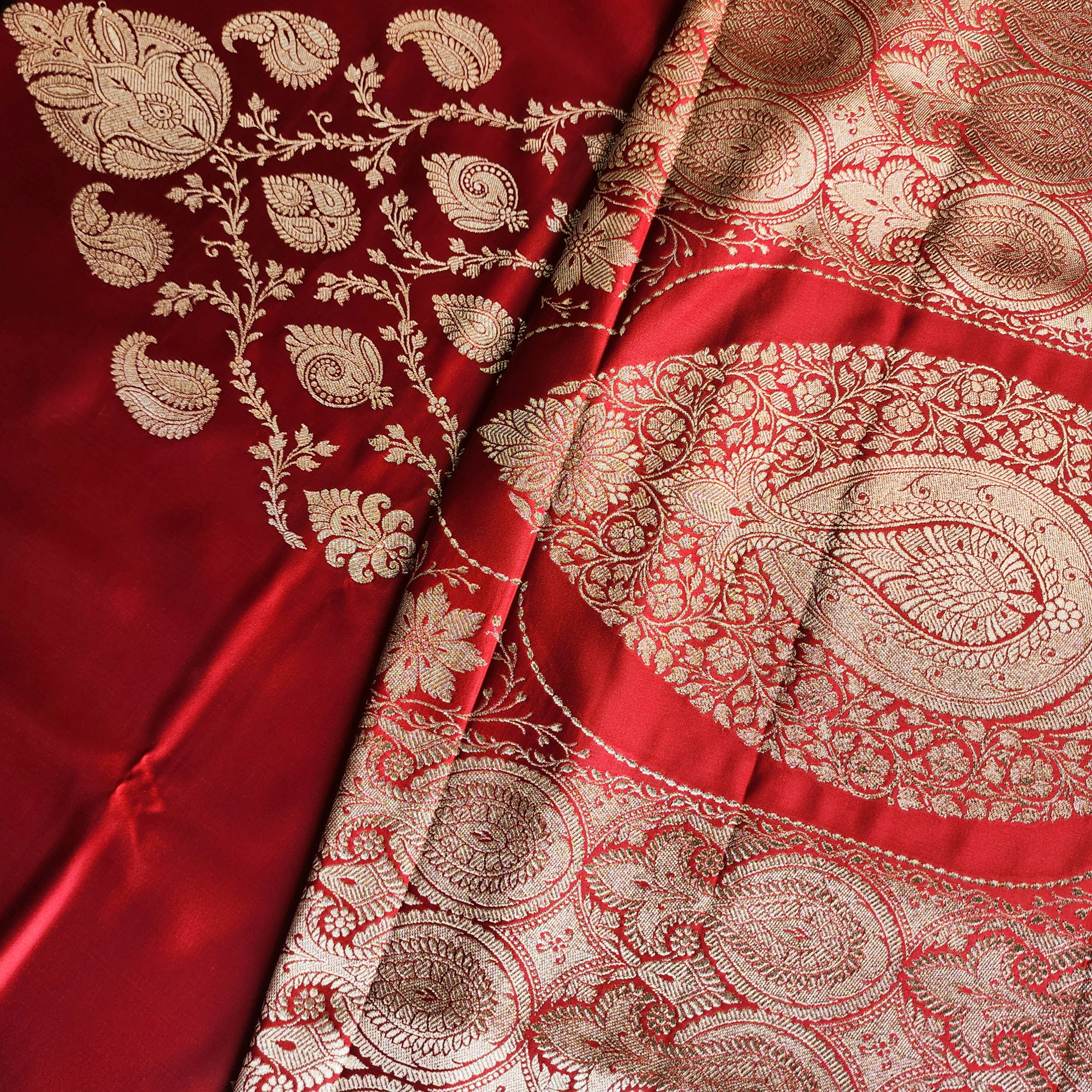 Rich Ruby Red Pure Banarasi Katan Silk Saree with light Gold Zari Weaving