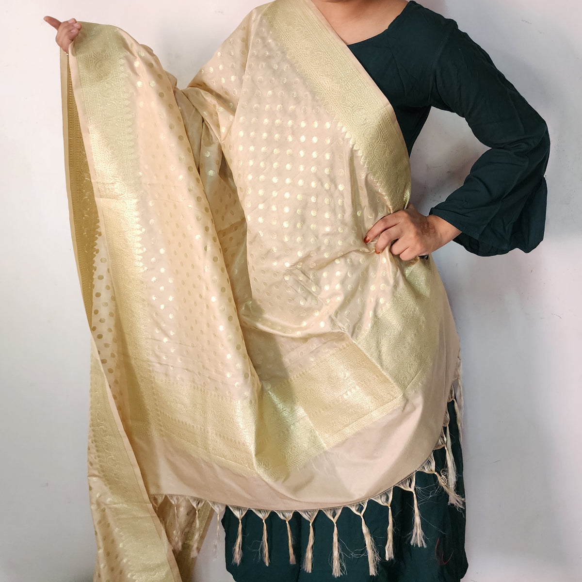 Champagne Beige Banarasi Silk Dupatta with Gold Polka Dot