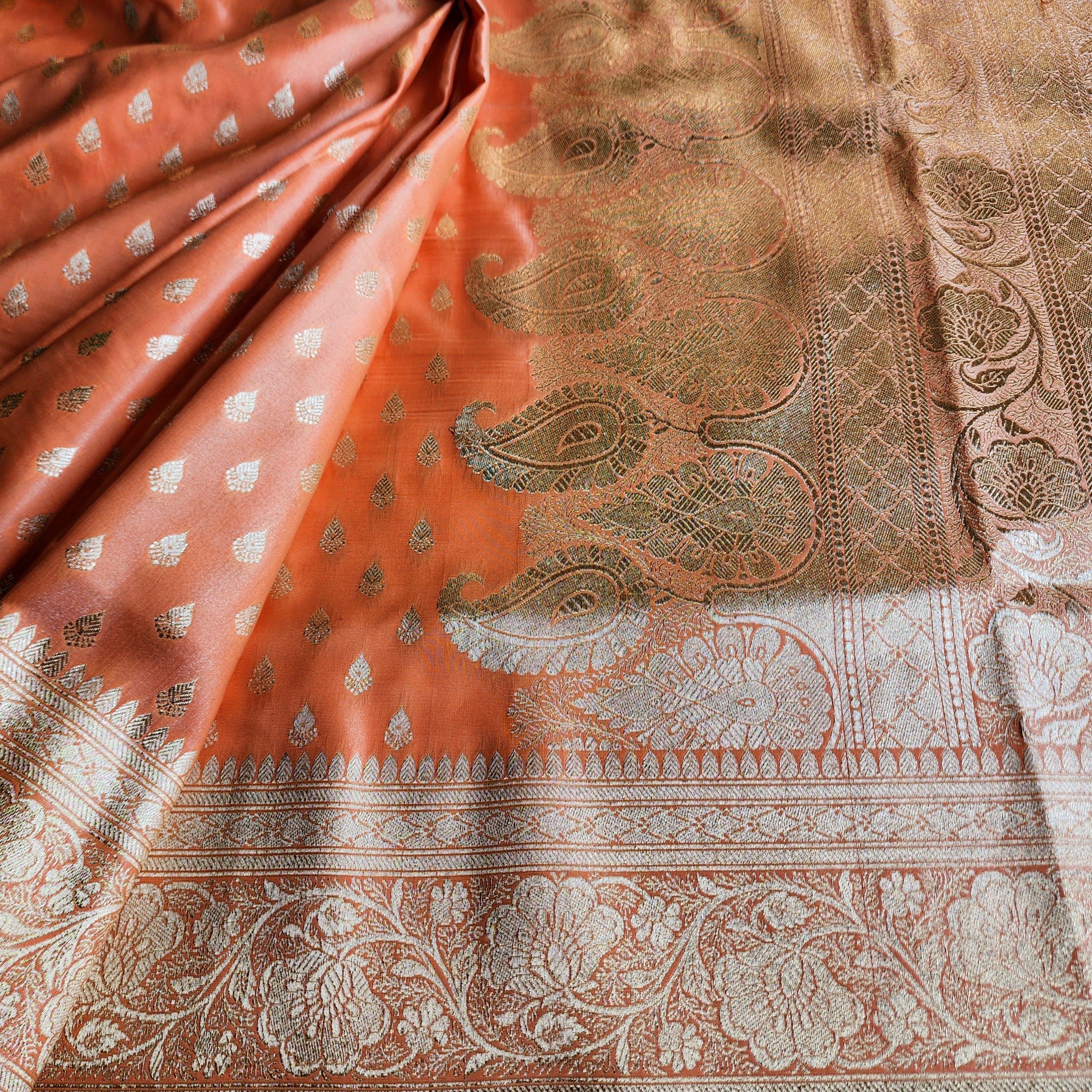 Rich Burnt Orange Banarasi Silk Saree with Gold Zari Weaving