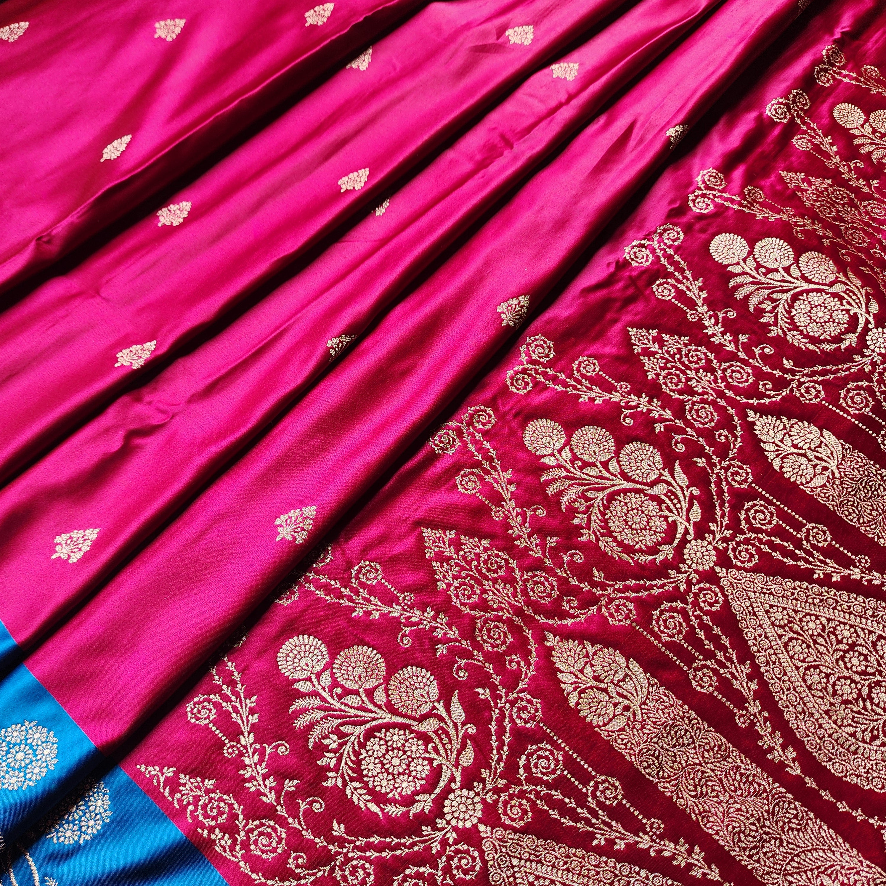 Rani Red Pure Banarasi Katan Silk Saree with Cobalt Blue Border