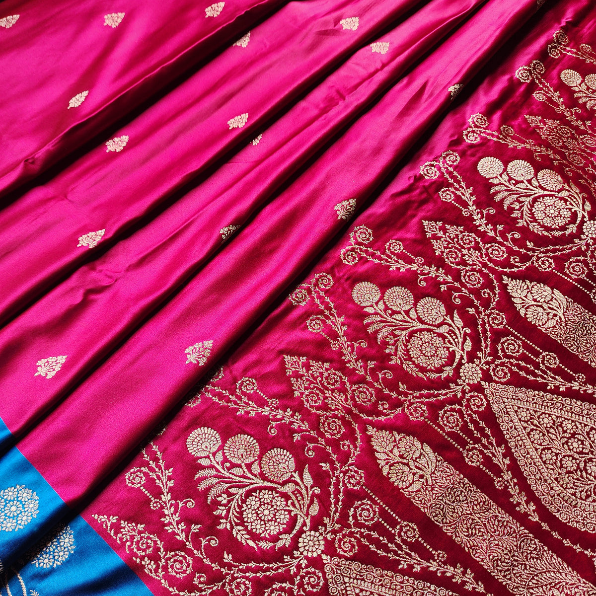 Rani Red Pure Banarasi Katan Silk Saree with Cobalt Blue Border