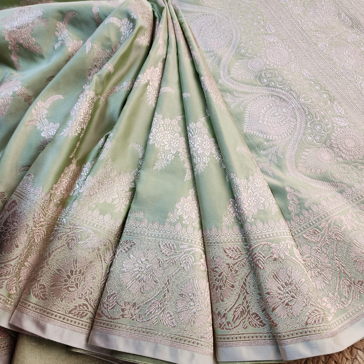 Olive Green Banarasi Katan Silk Saree with Floral Vine Jaal