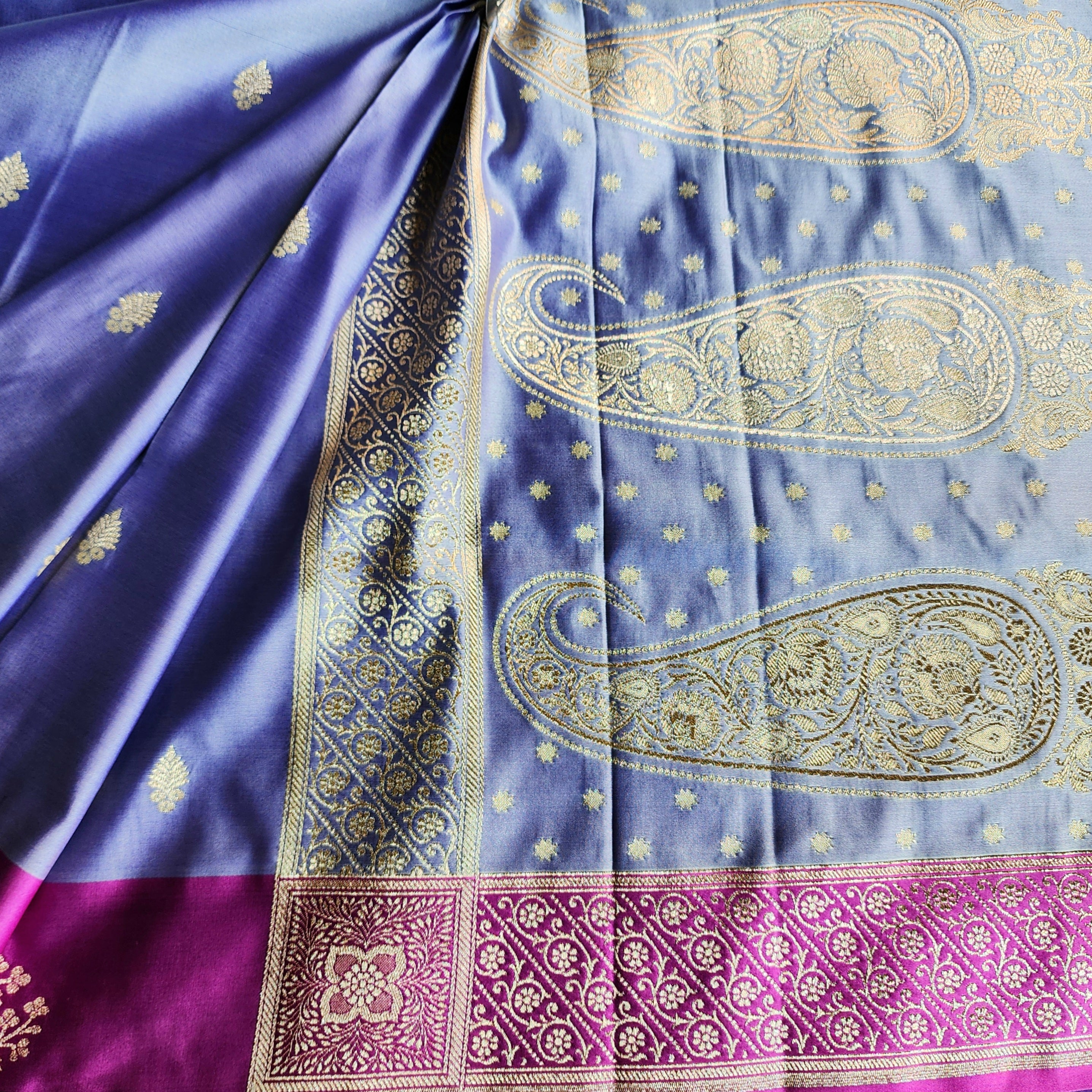Pastel Purple Katan Silk Saree with Magenta Gold Zari Border