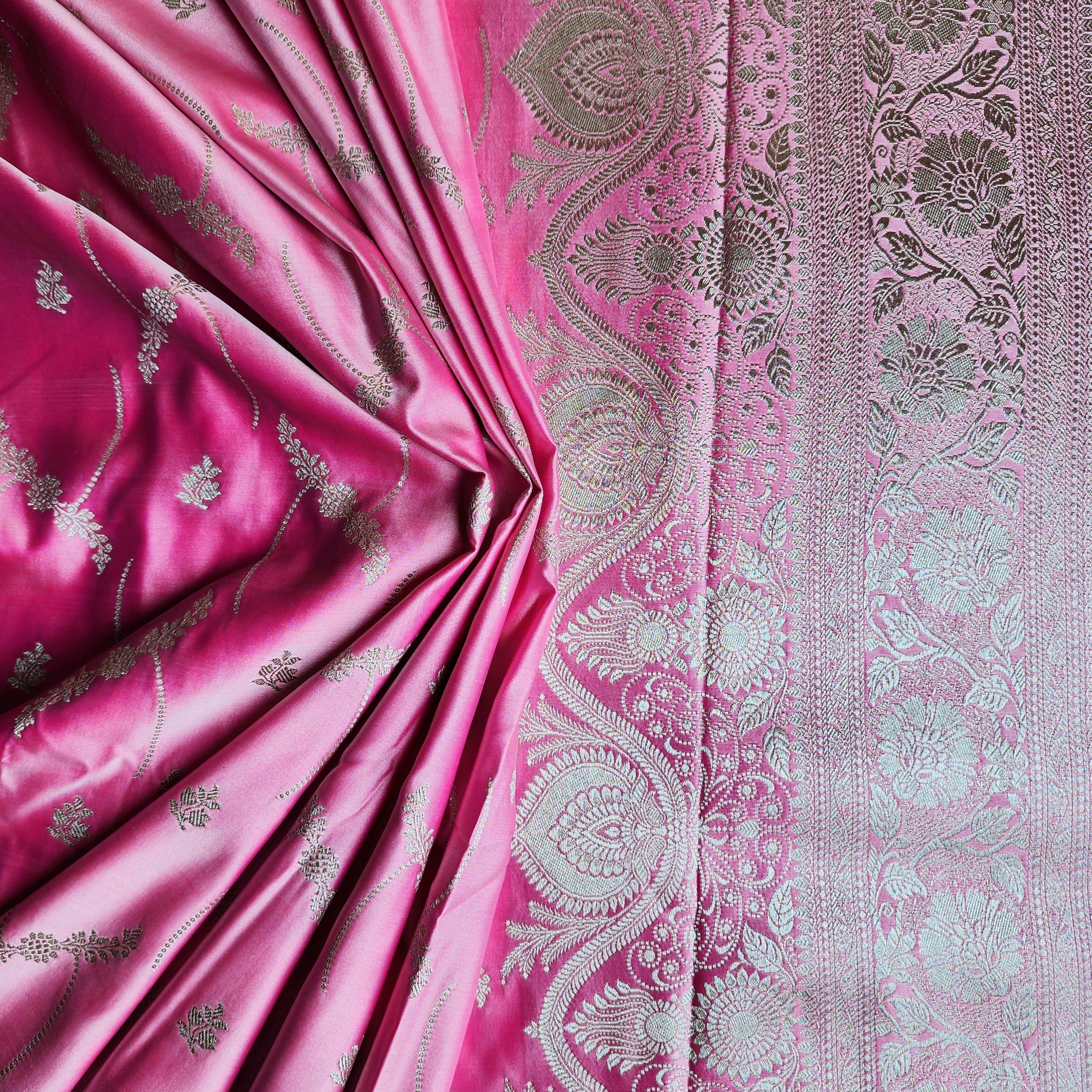 Pastel Candy Pink Banarasi Katan Silk Saree with Light Gold Zari weaving
