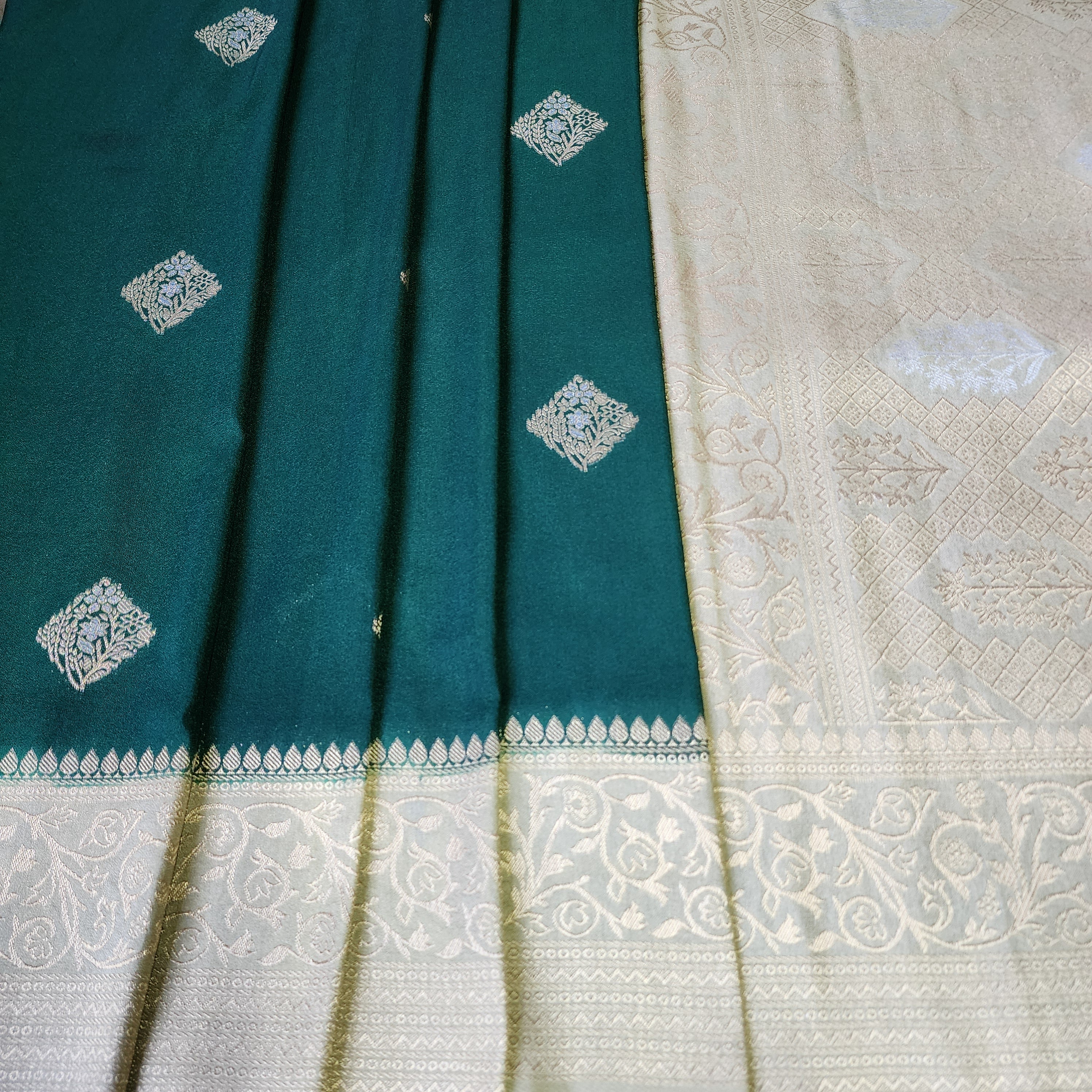 Bottle Green Crepe Georgette Silk Saree with Soft Champagne Gold Zari Border