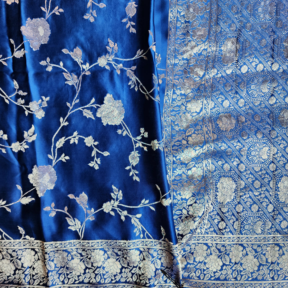 Royal Blue Muslin Silk Saree with Silver Zari Work