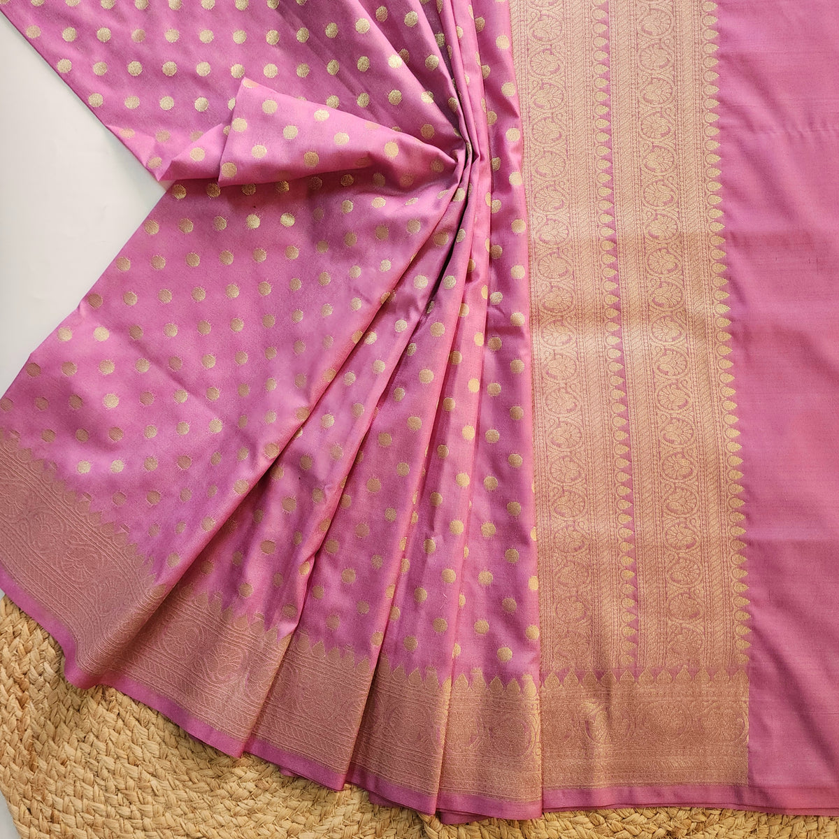 Mauve Pink Banarasi Silk Dupatta with Gold Polka Dot