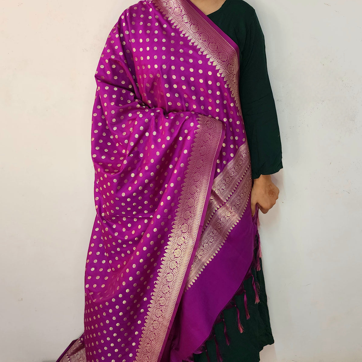 Magenta Purple Banarasi Silk Dupatta with Gold Polka Dot