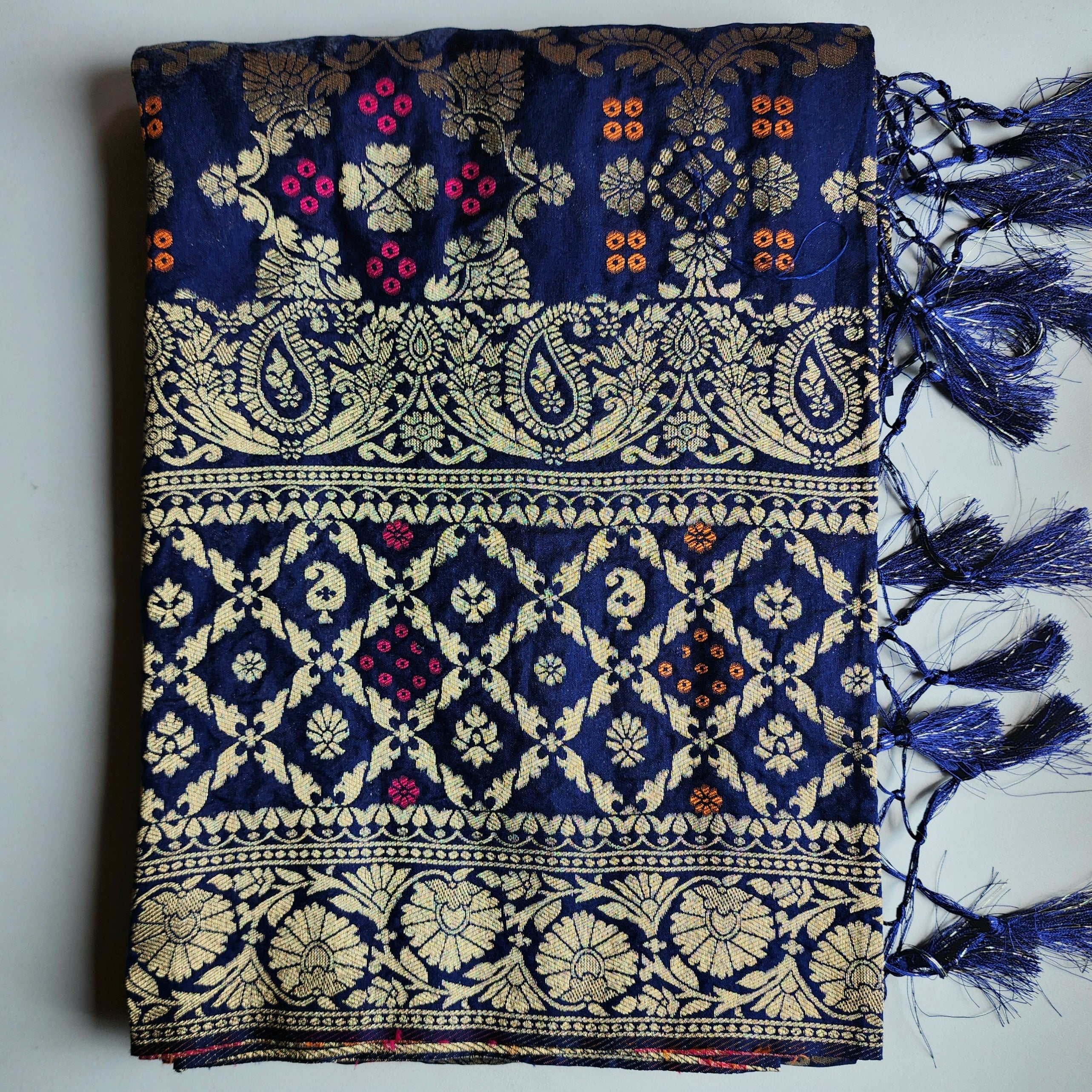 Royal Navy Blue Bandhani Dupatta with Floral and Geometric Zari Weave