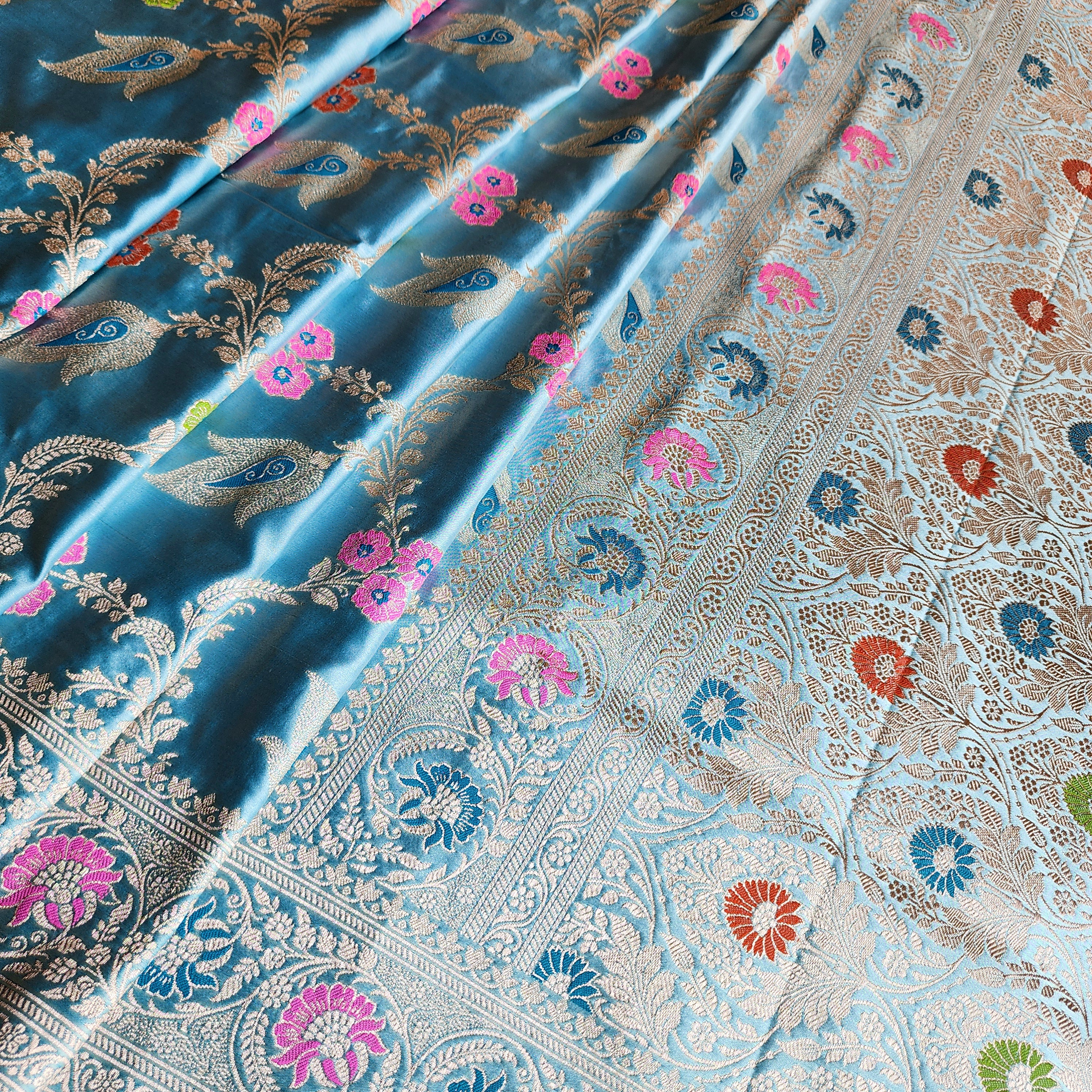 Enriched Powder Blue Banarasi Katan Silk Saree with Multicolor Meenakari Floral Jaal
