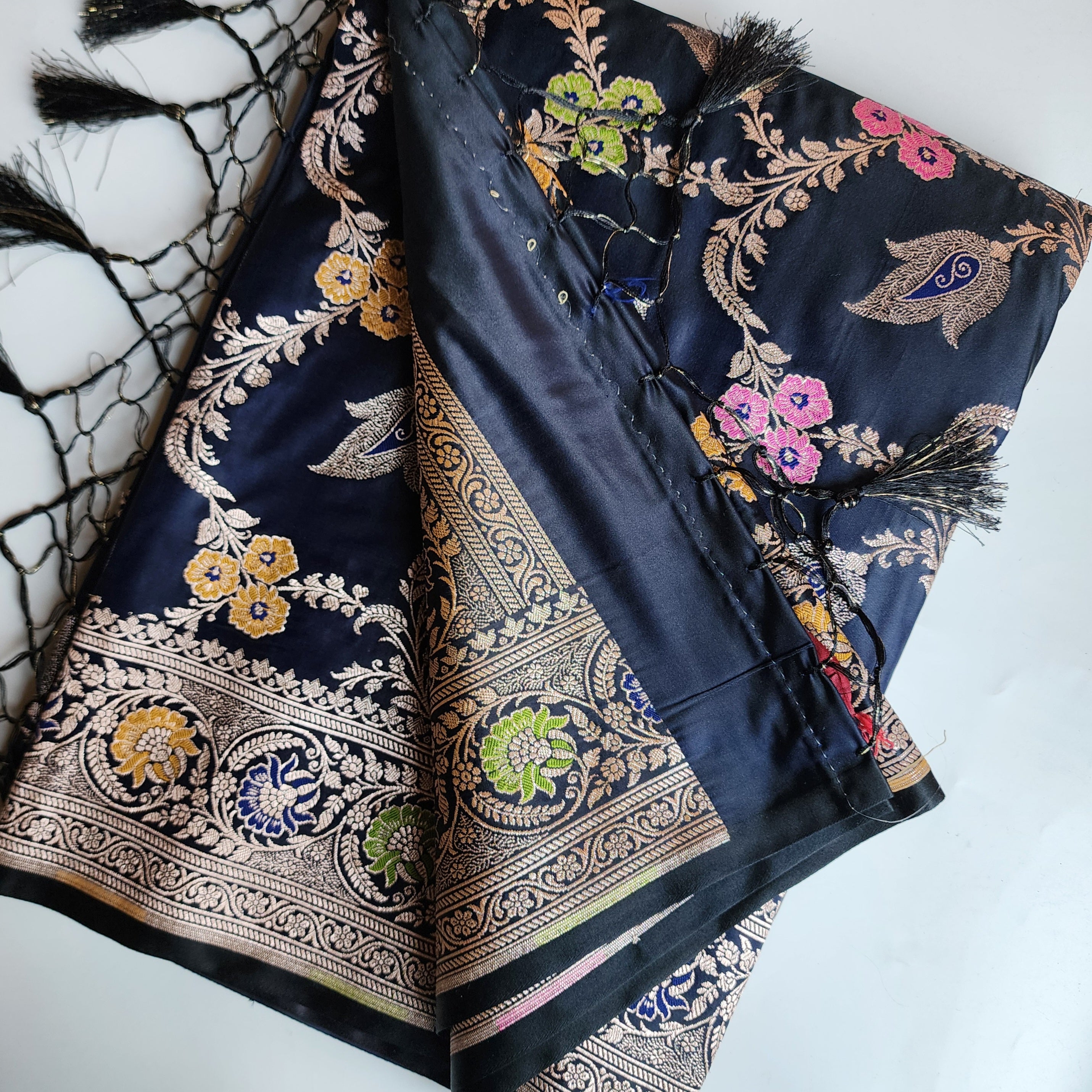 Enriched Midnight Blue Banarasi Katan Silk Saree with Multicolor Meenakari Floral Jaal