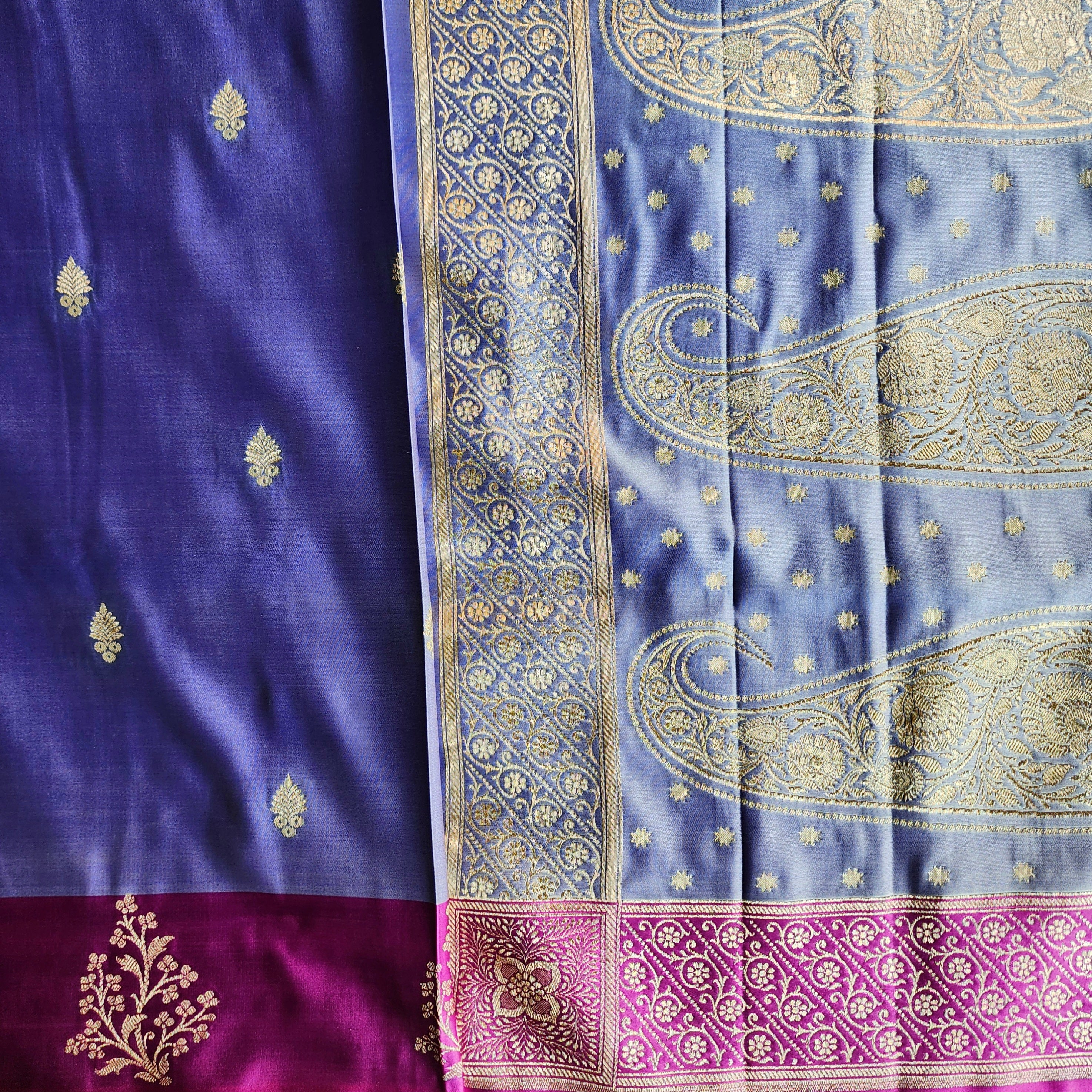 Pastel Purple Katan Silk Saree with Magenta Gold Zari Border