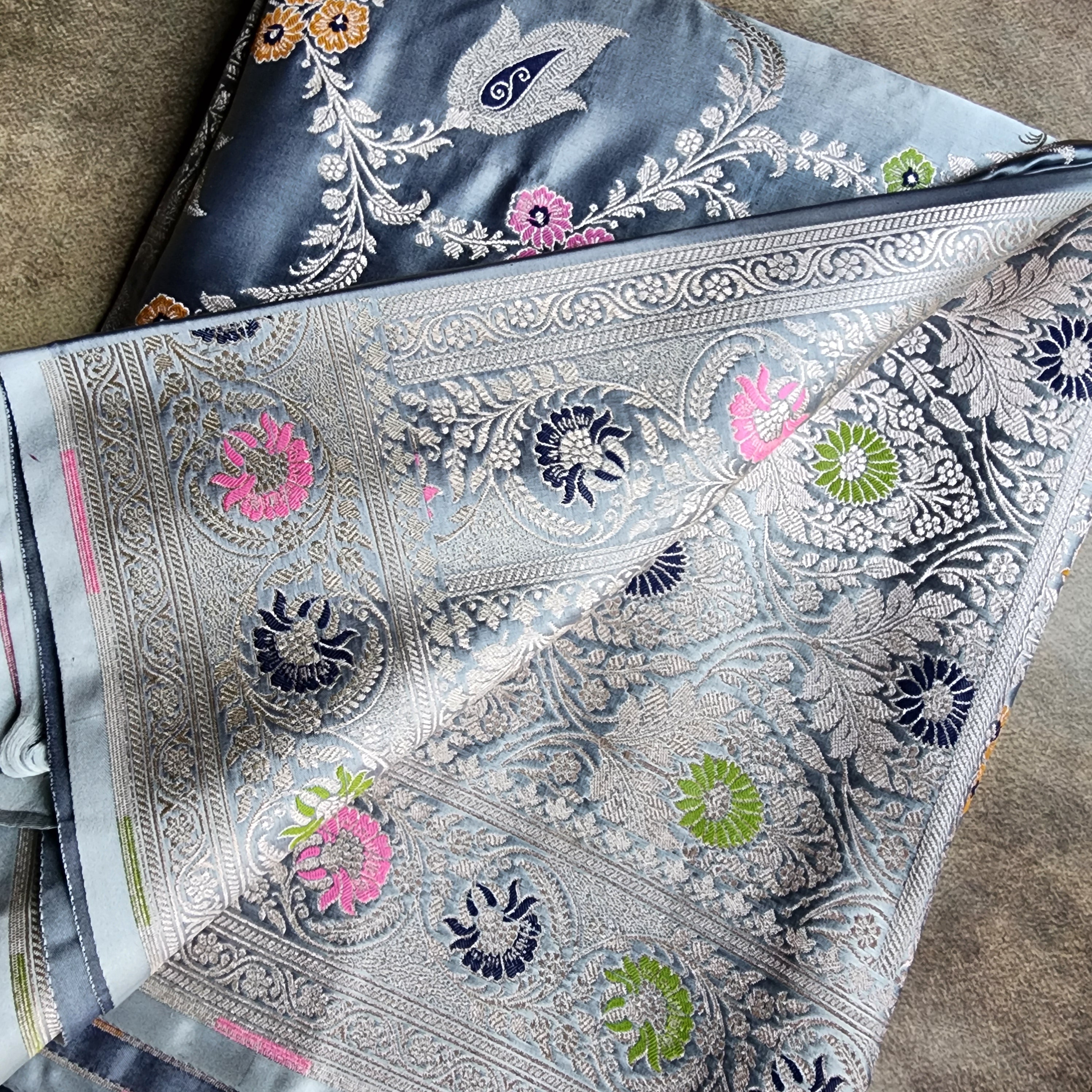 Enriched Dusky Blue Banarasi Katan Silk Saree with Multicolor Meenakari Floral Jaal