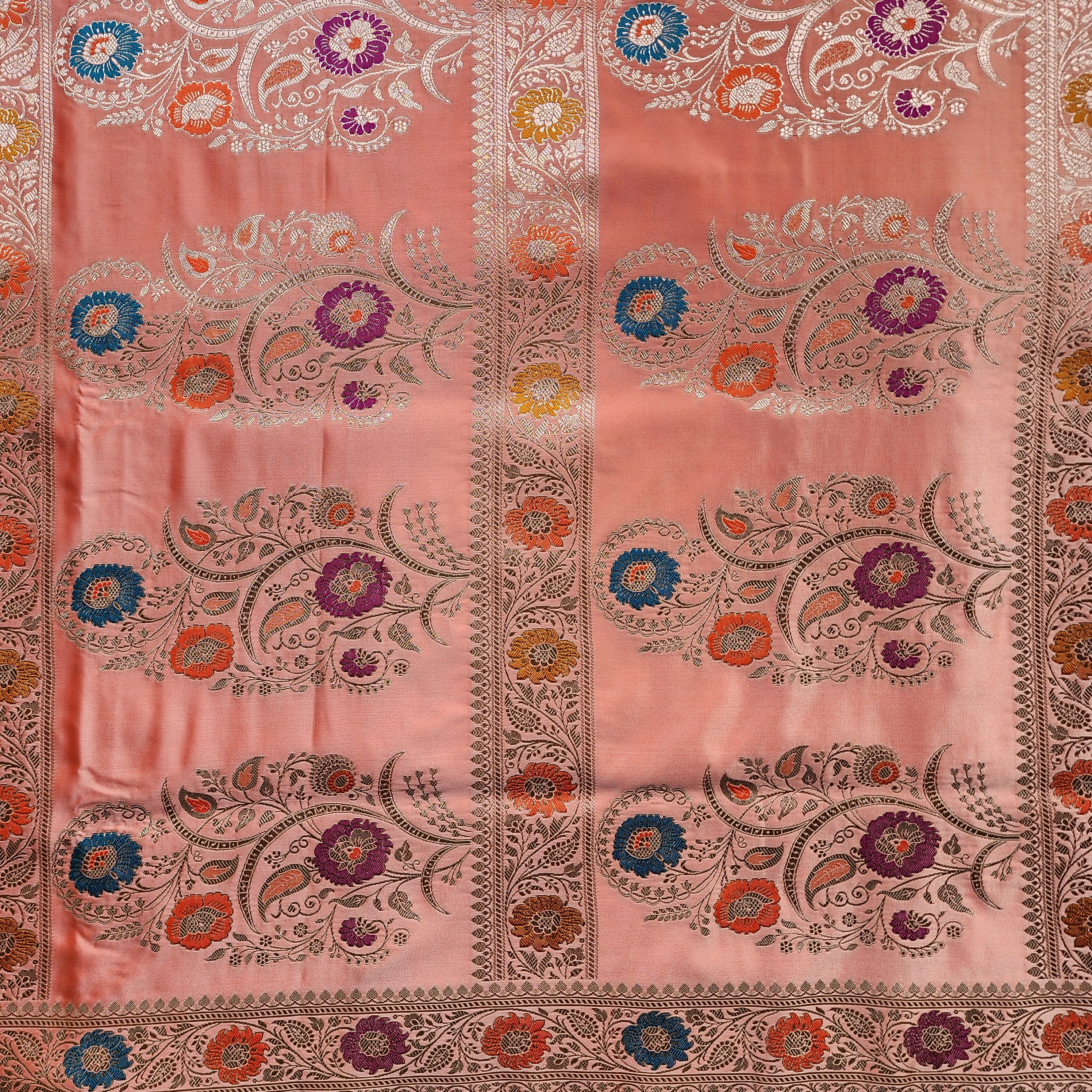 Enriched Banarasi Katan Silk Saree | Peach Multicolor Meenakari Floral Jaal