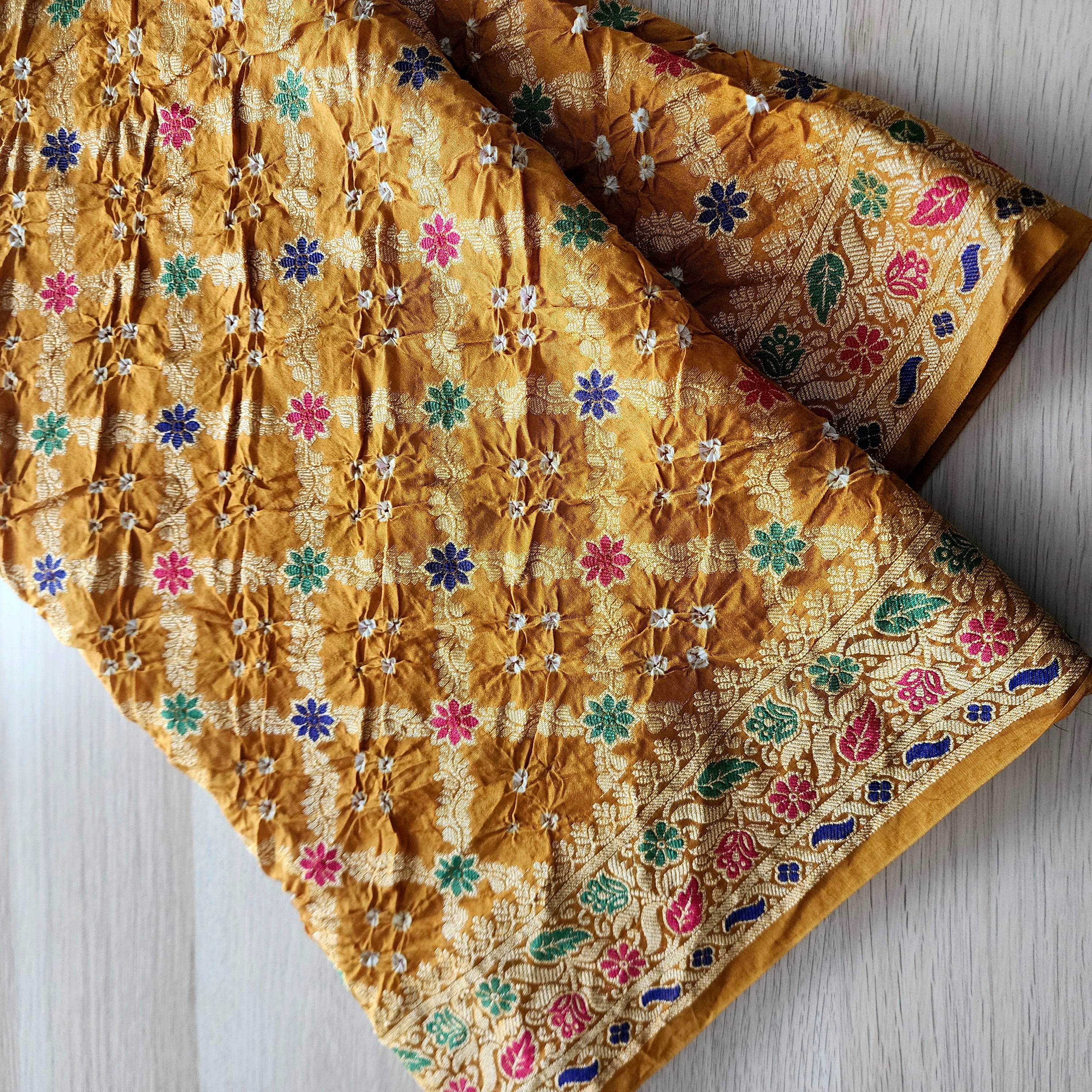 Mustard Yellow Bandhni dupatta with Banarasi Meenakari work
