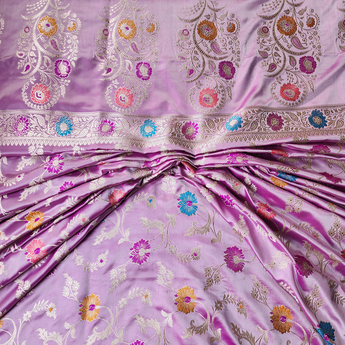 Enriched Banarasi Katan Silk Saree | Soft Lavender Pink Multicolor Meenakari Floral Jaal
