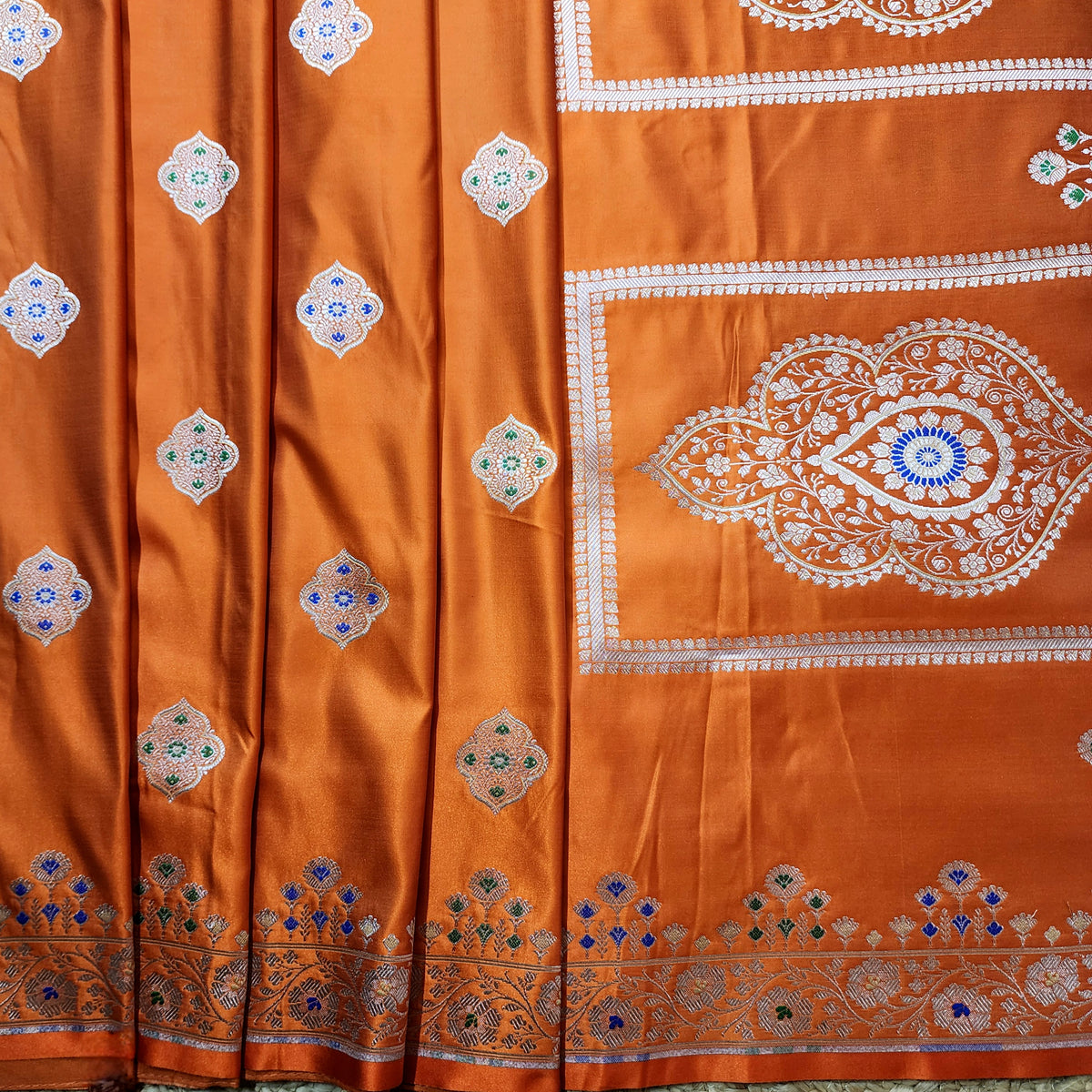 Orange Banarasi Katan Silk Saree with Multicolor Meenakari