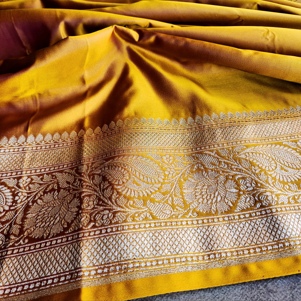 Rich Orange Pure Banarasi Katan Silk Saree with light Gold Zari Weaving