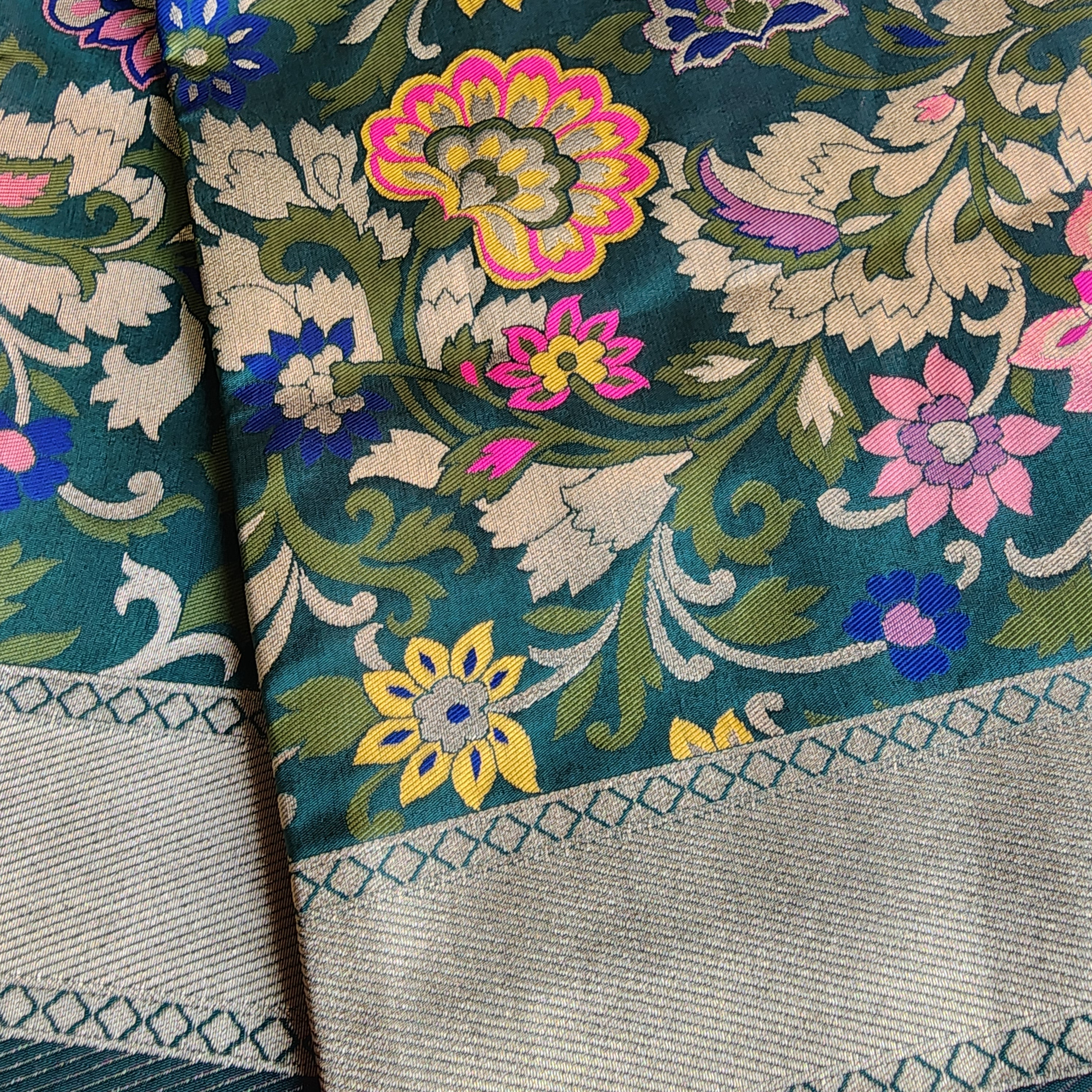 Banarasi Silk Bottle Green Dupatta with Multicolor & Gold Floral Handweaving