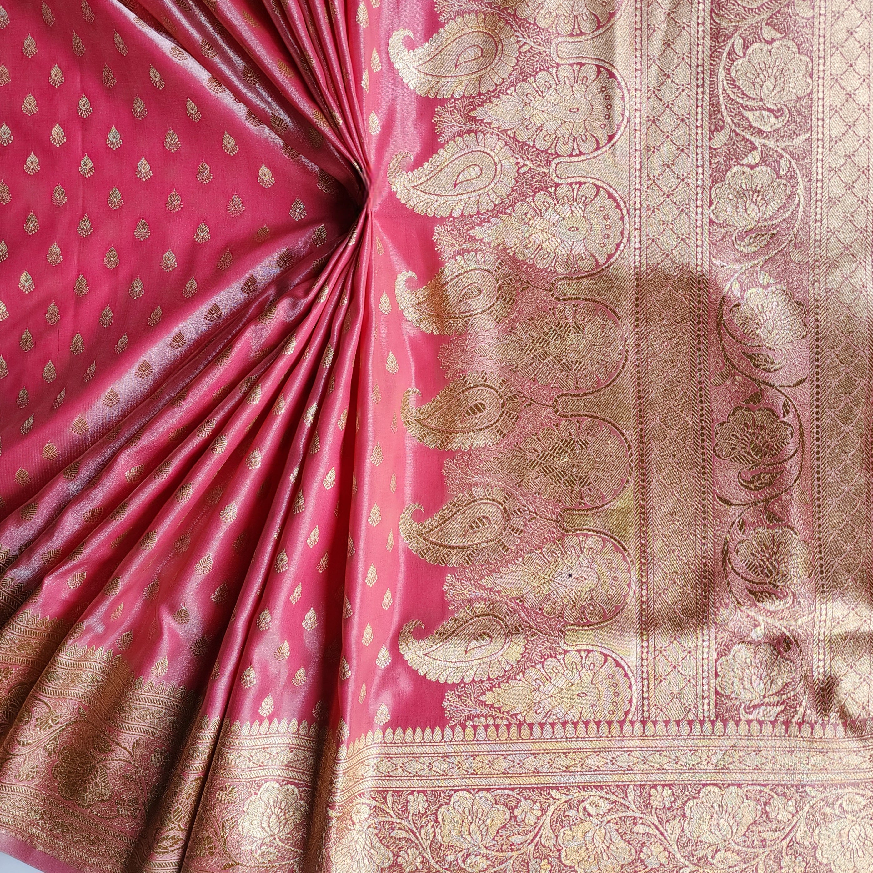 Rich Dusty Rose Banarasi Silk Saree with Gold Zari Weaving