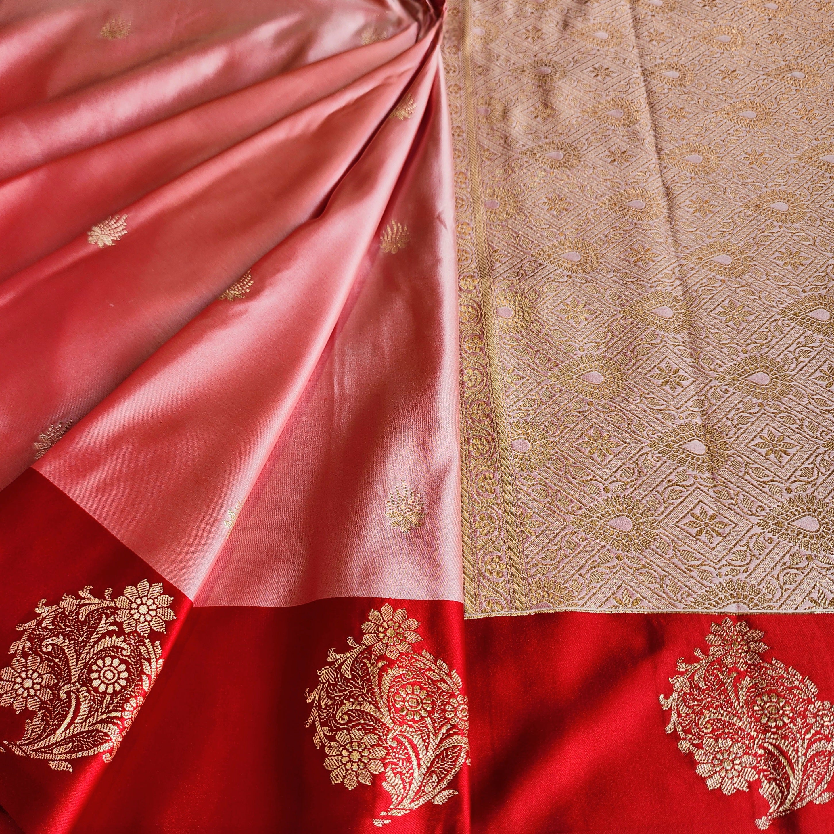 Blush Pink Katan Silk Saree with Red Gold Zari Border