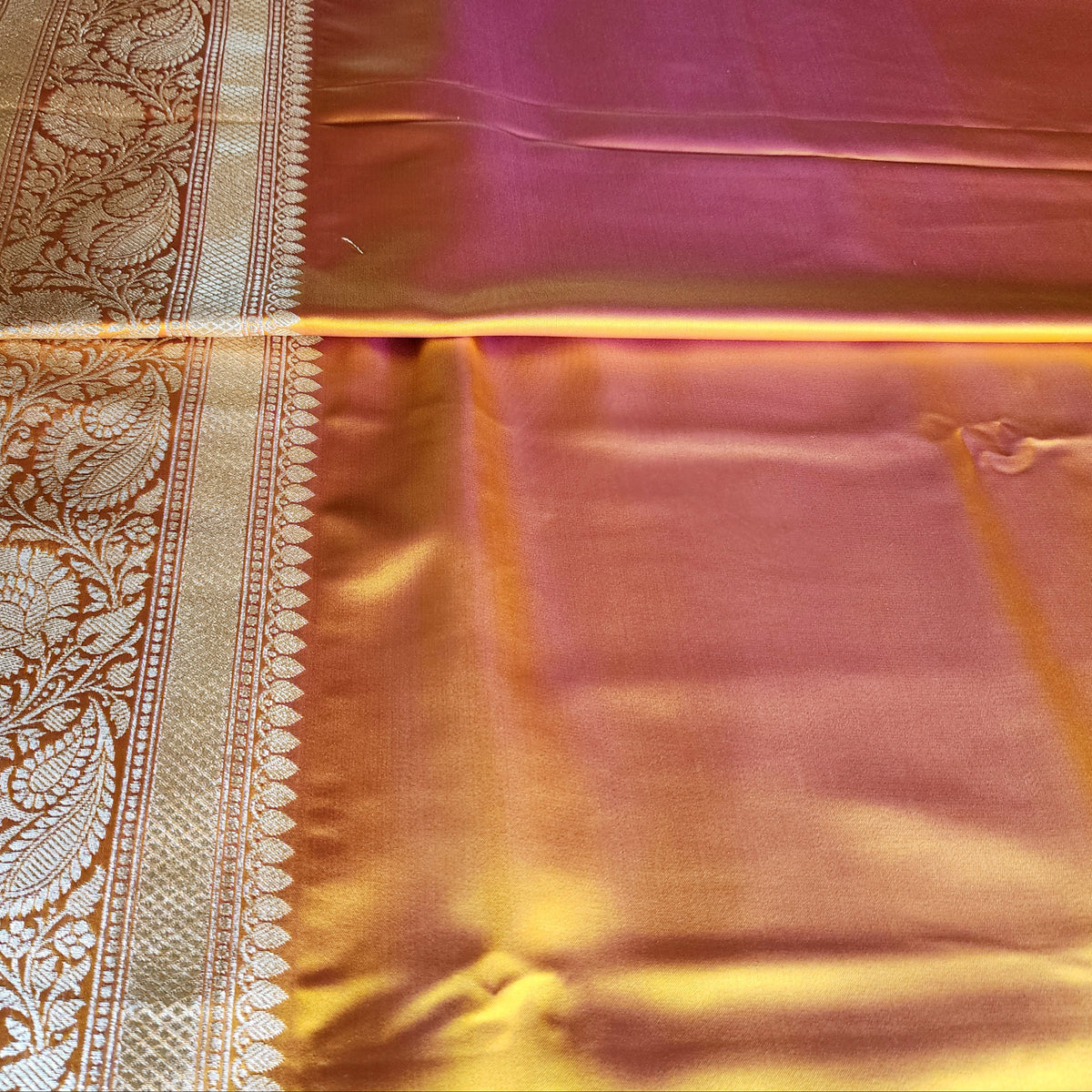 Rich Orange Pure Banarasi Katan Silk Saree with light Gold Zari Weaving