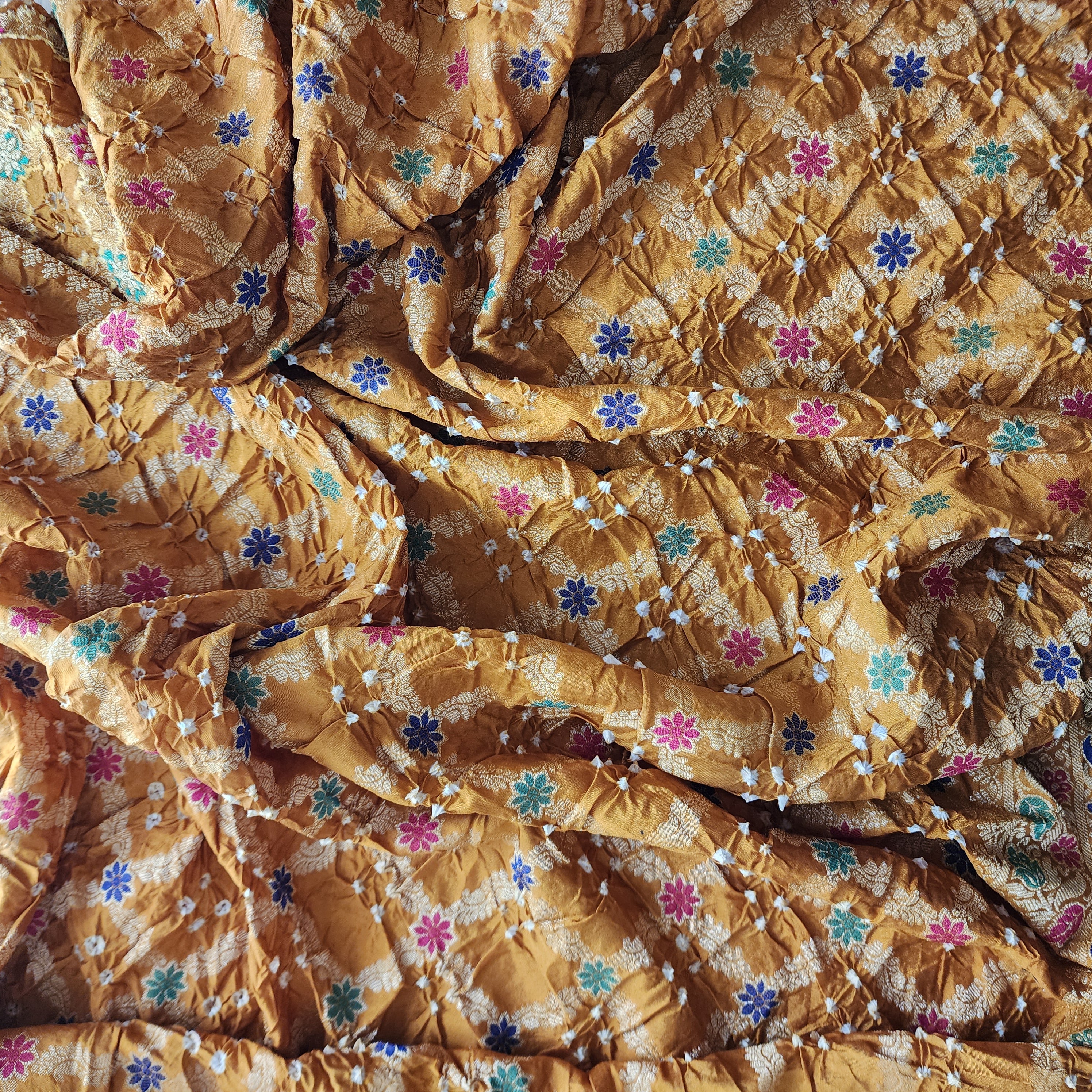 Mustard Yellow Bandhni dupatta with Banarasi Meenakari work
