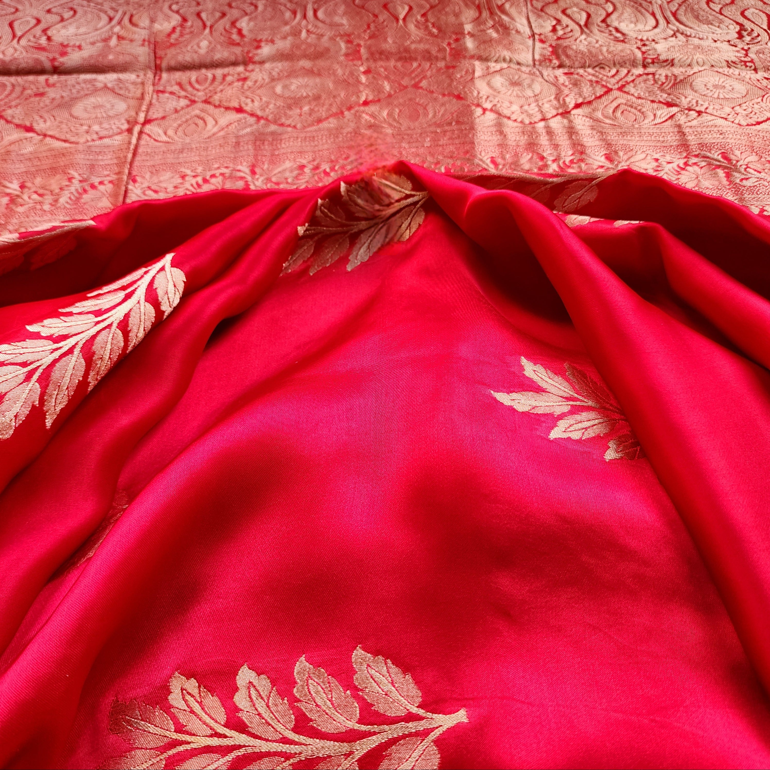 Bright Red Mashru Katan Silk Saree with Gold Weave