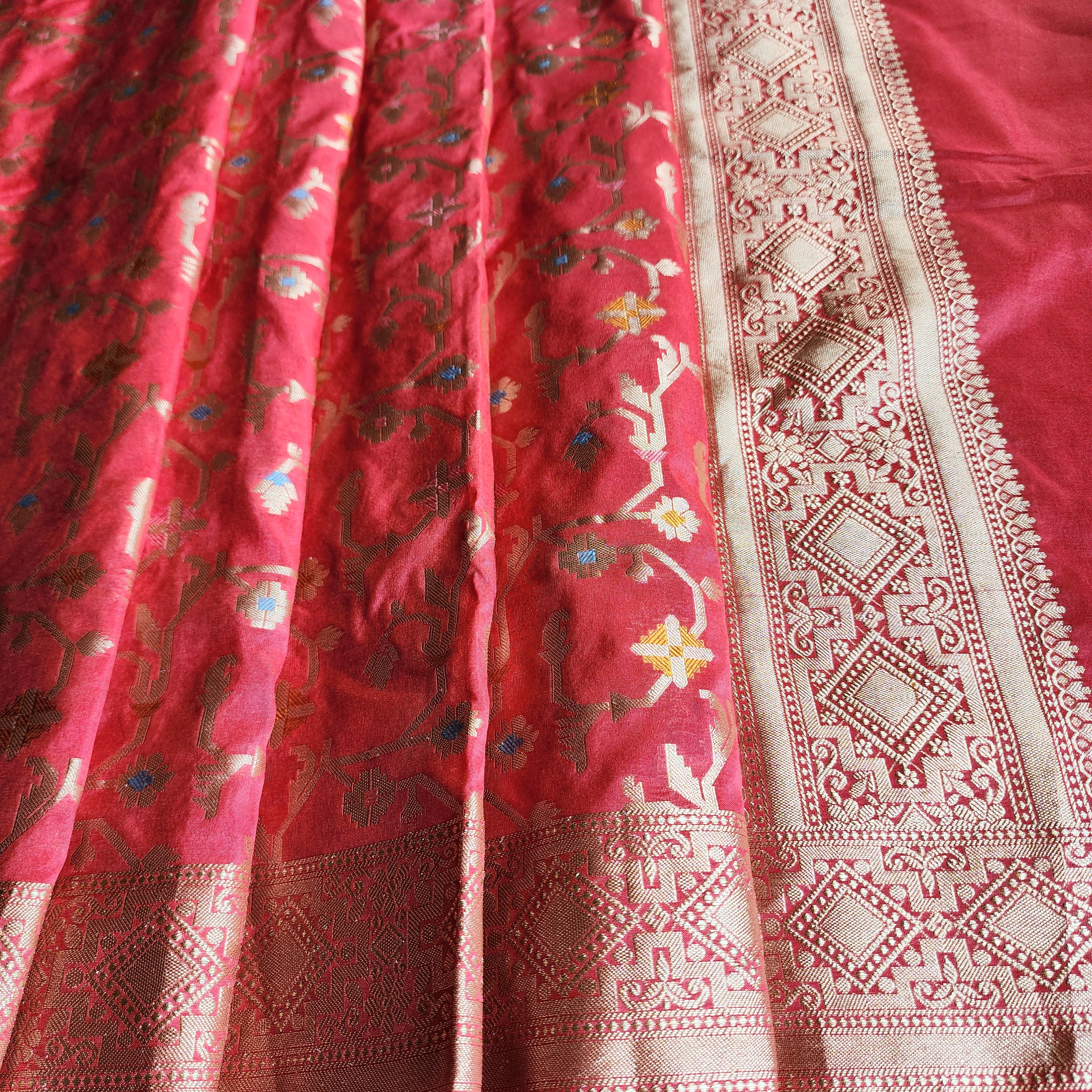 Golden Grid Banarasi Silk Dupatta with Meenakari Work in Brick Red