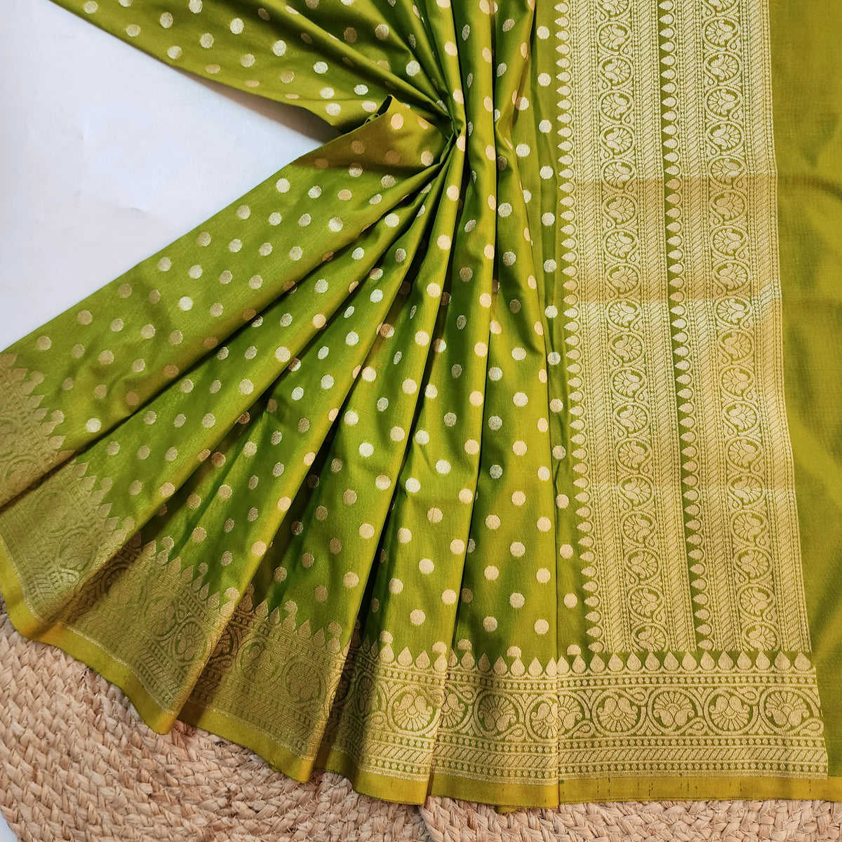 Olive Green Banarasi Silk Dupatta with Gold Polka Dot