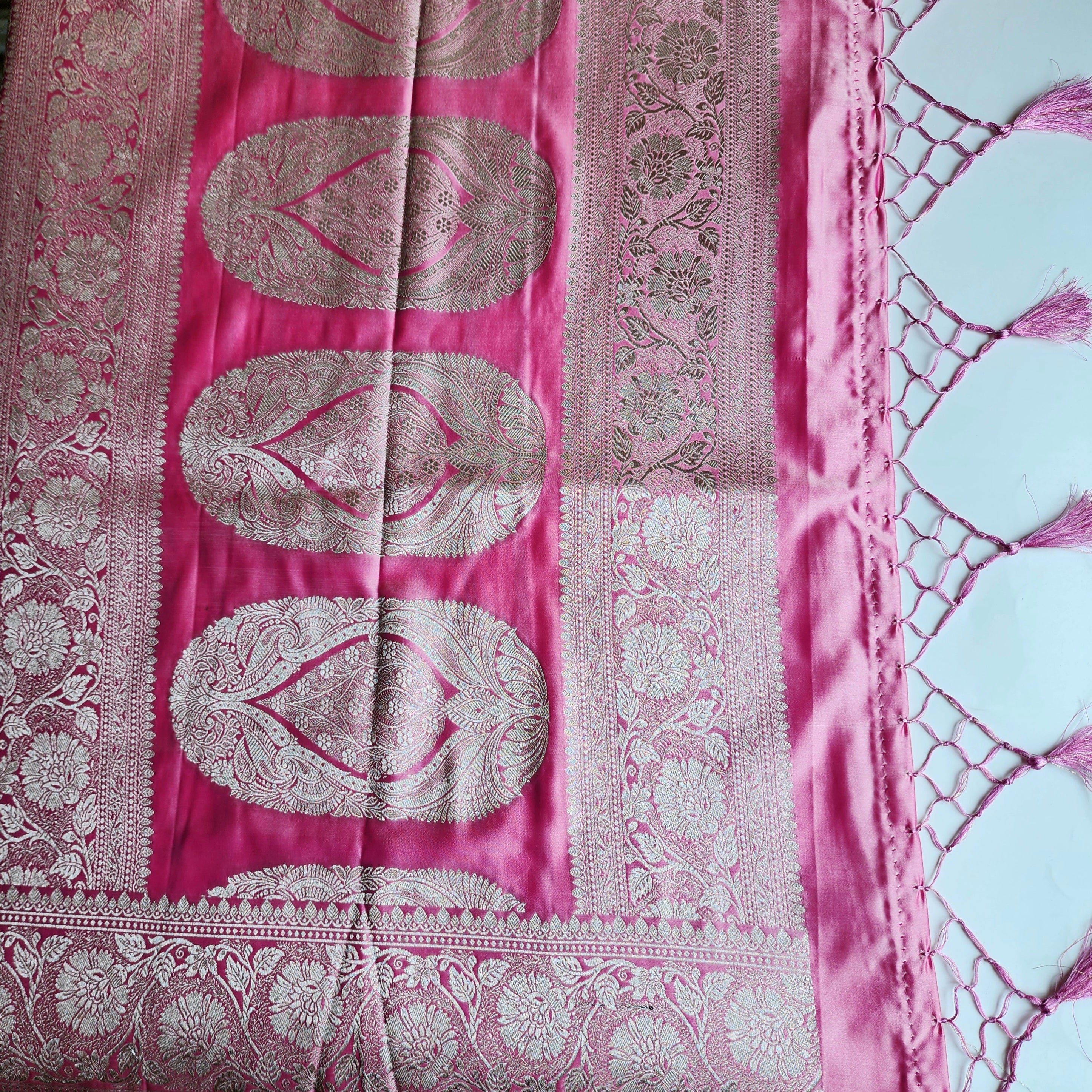 Pastel Candy Pink Banarasi Katan Silk Saree with Light Gold Zari weaving