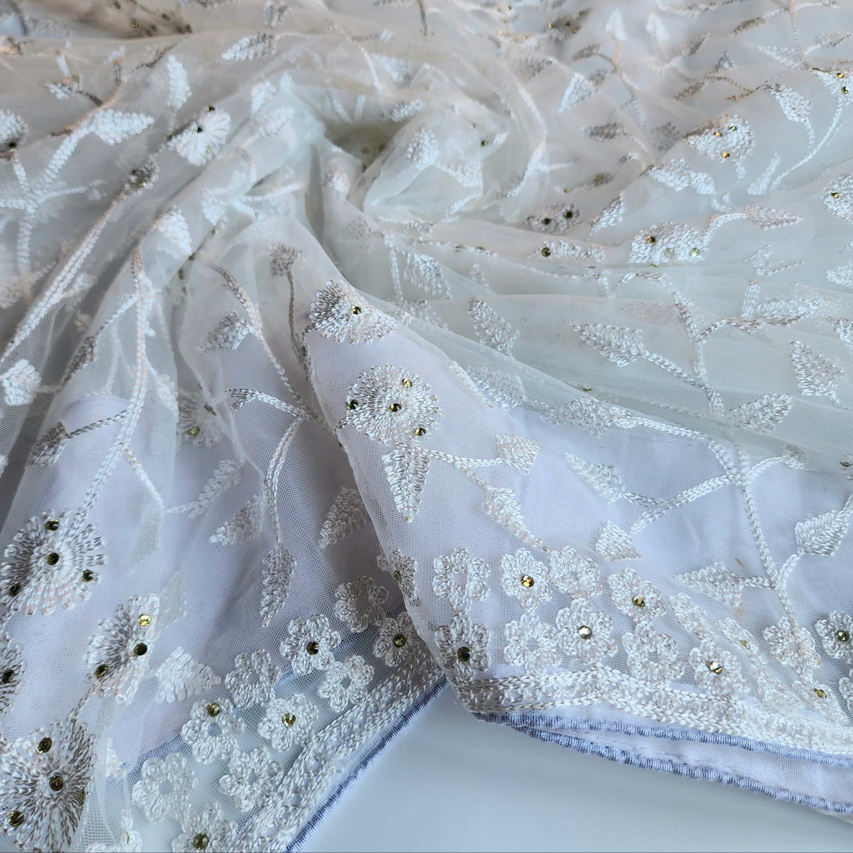 Embroidered Net Designer Saree in White