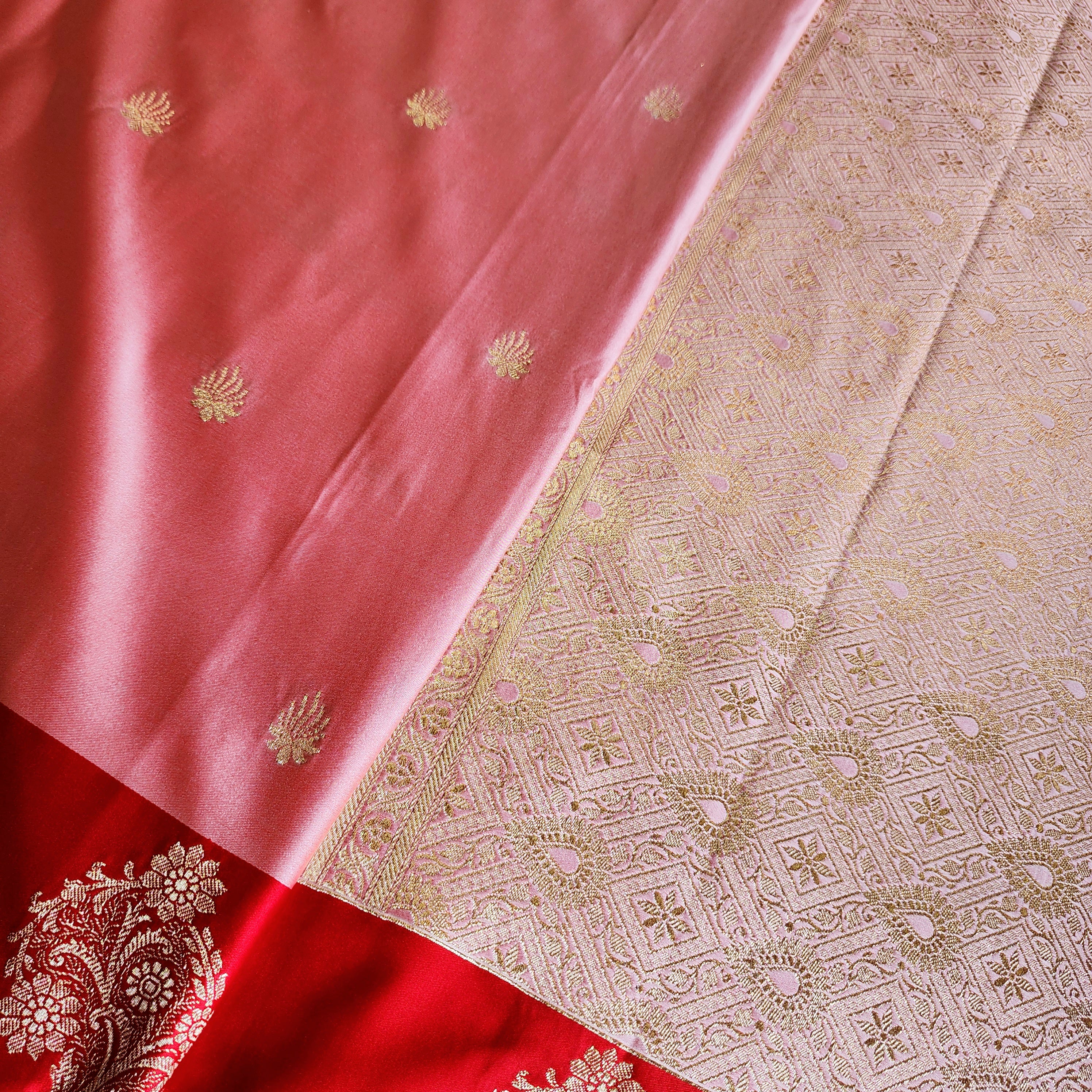 Blush Pink Katan Silk Saree with Red Gold Zari Border