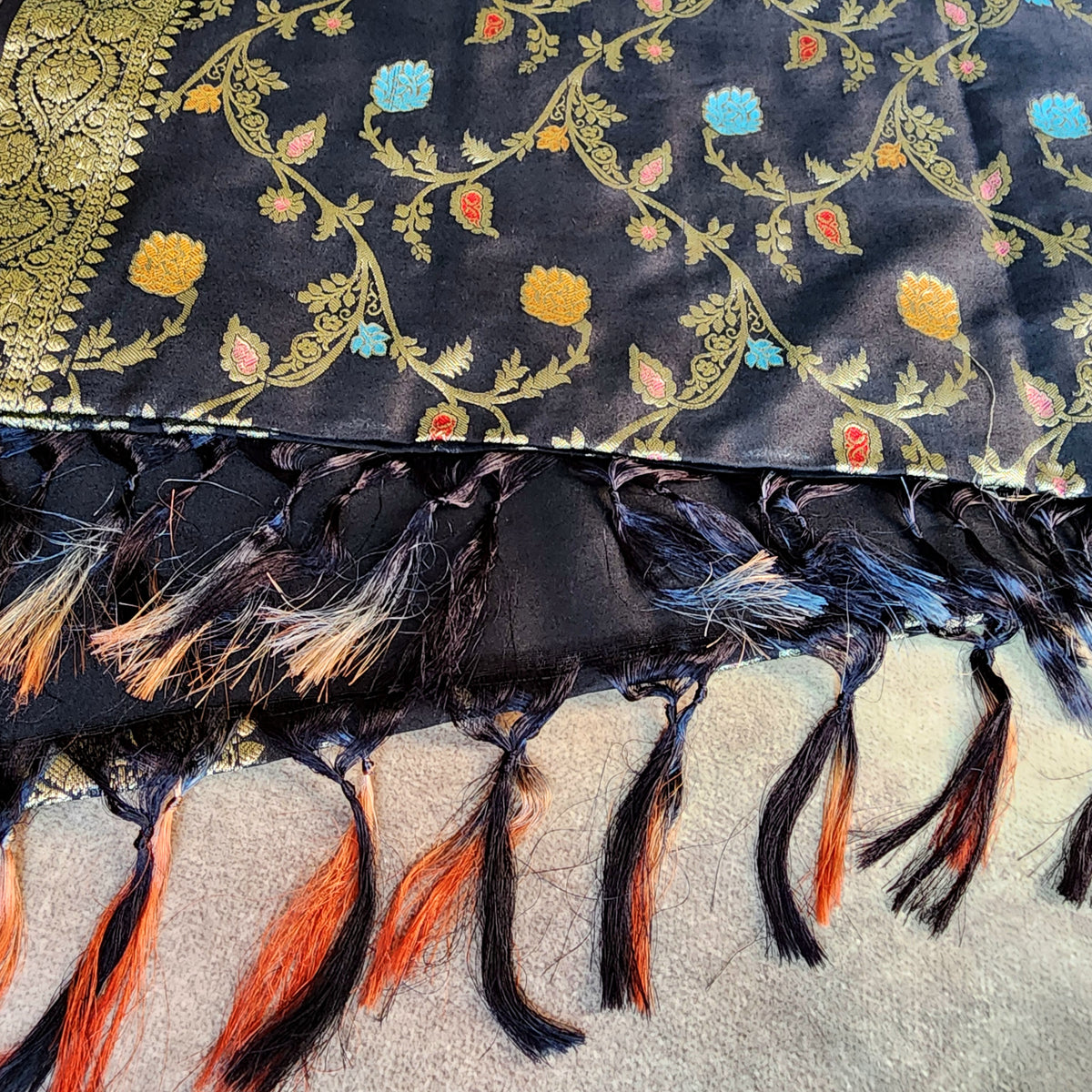 Black Banarasi Silk Dupatta with Gold Zari Border & Multicolor Meenakari Work
