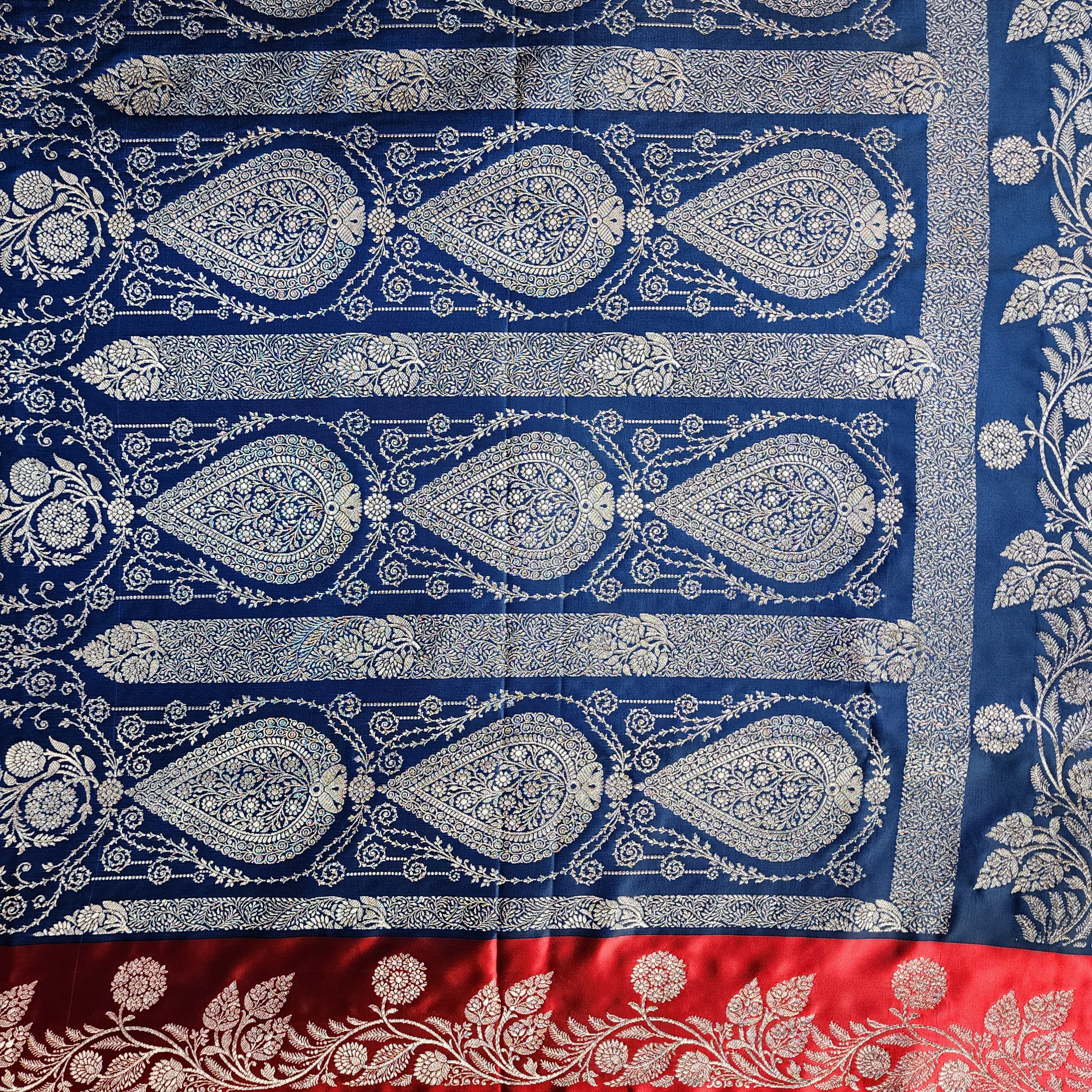 Navy Blue Pure Banarasi Katan Silk Saree with Vermilion Red Border