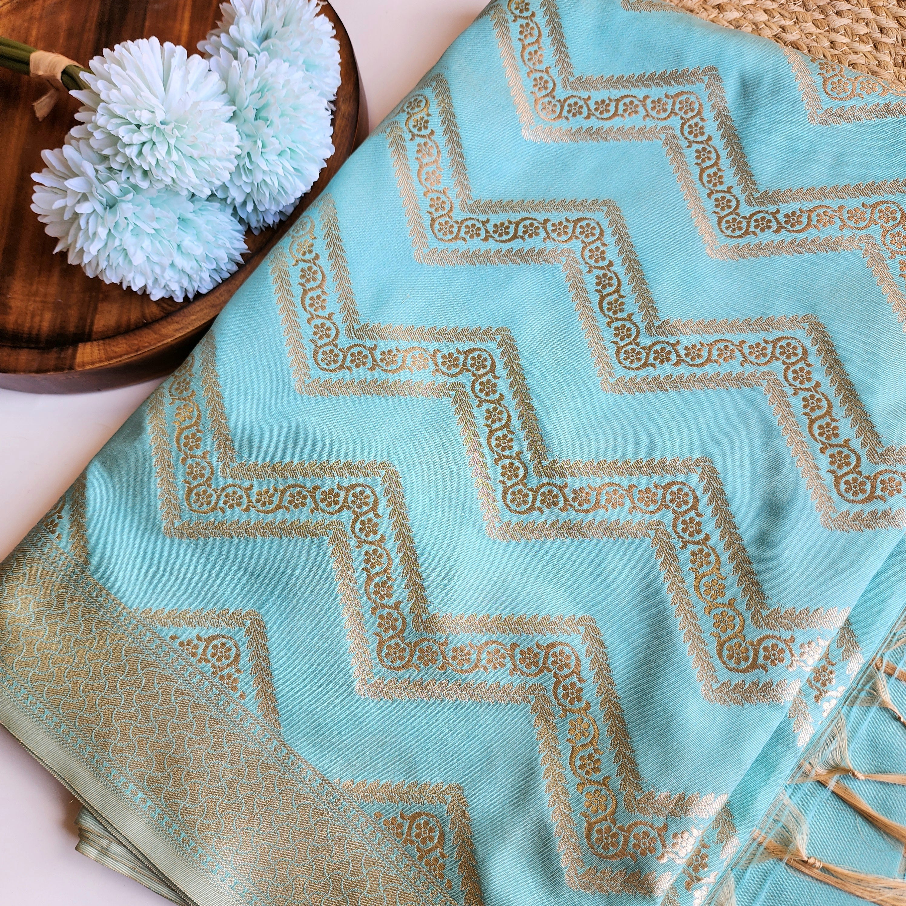 Robin Egg Blue Banarasi Dupatta with Golden Zigzag Pattern