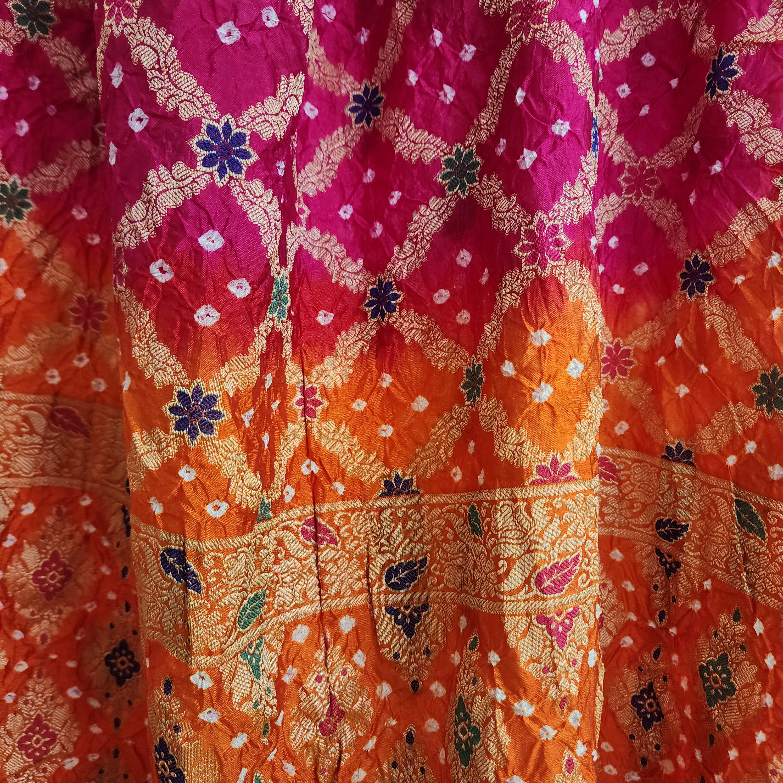 Orange & Rani Pink Bandhni dupatta with Banarasi Meenakari work