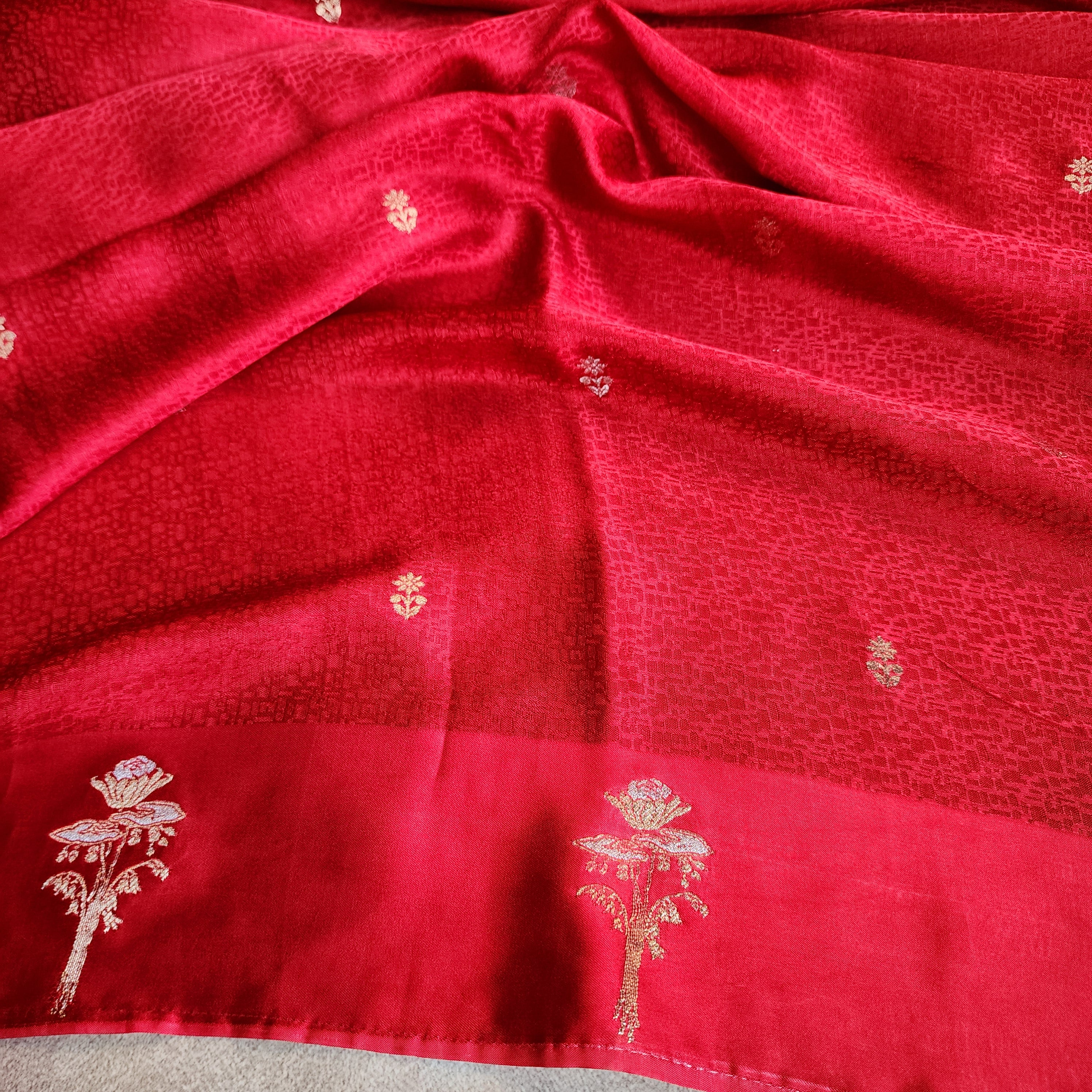 Crimson Red Mashru Tanchoi Saree with Gold Zari