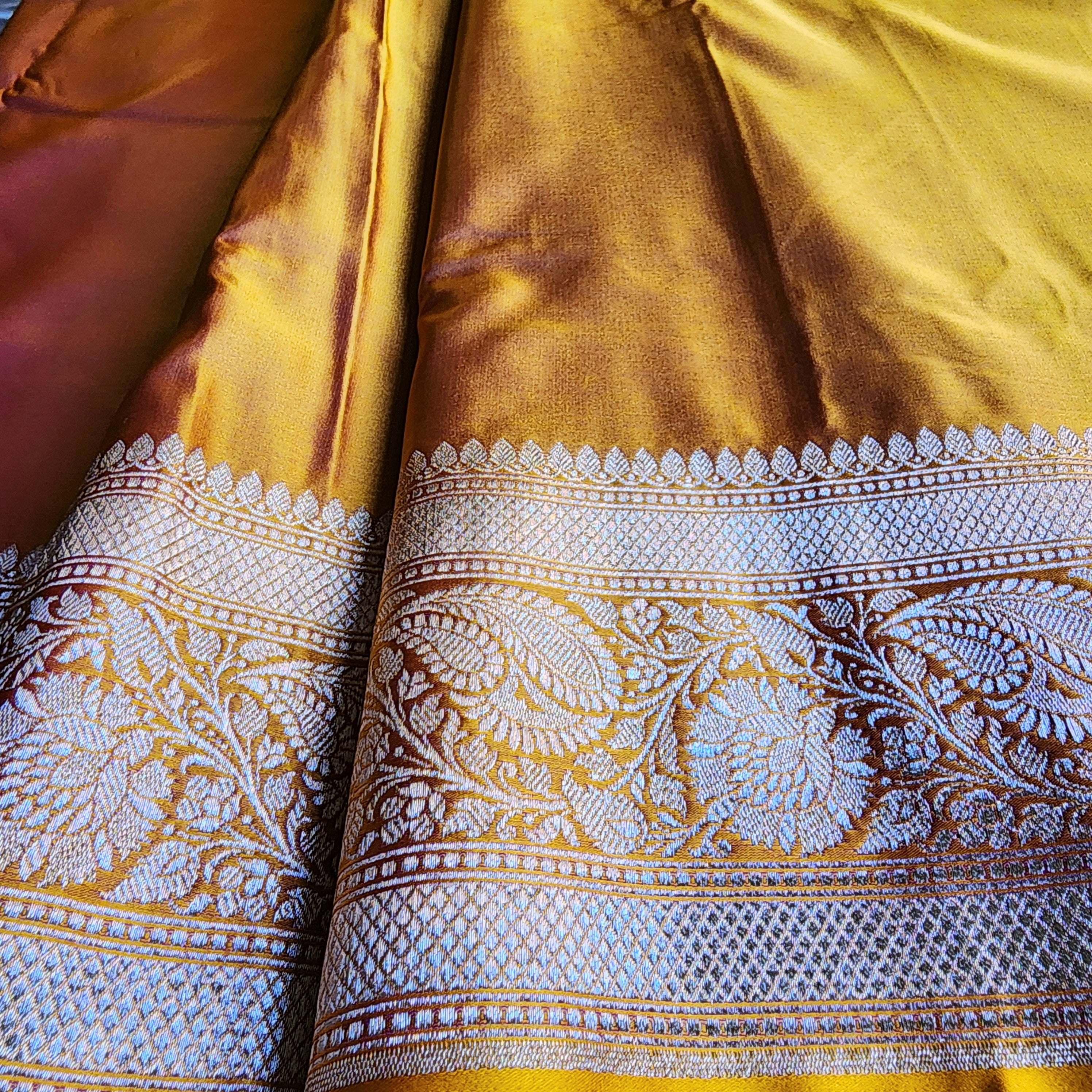Rich Mustard Yellow Pure Banarasi Katan Silk Saree with light Gold Zari Weaving