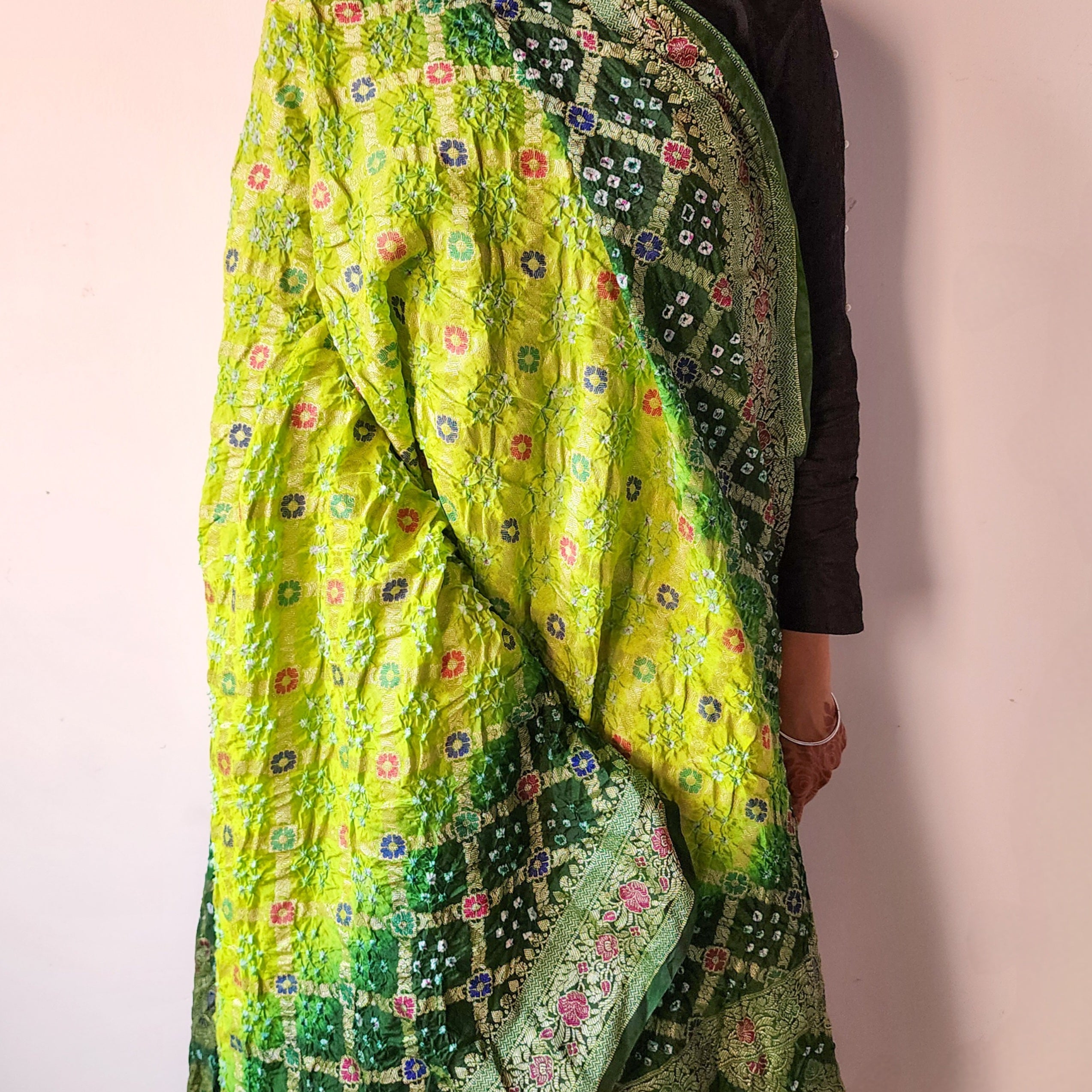 Dual-Tone Green Bandhni Dupatta with Golden Border & Banarasi Meenakari Work