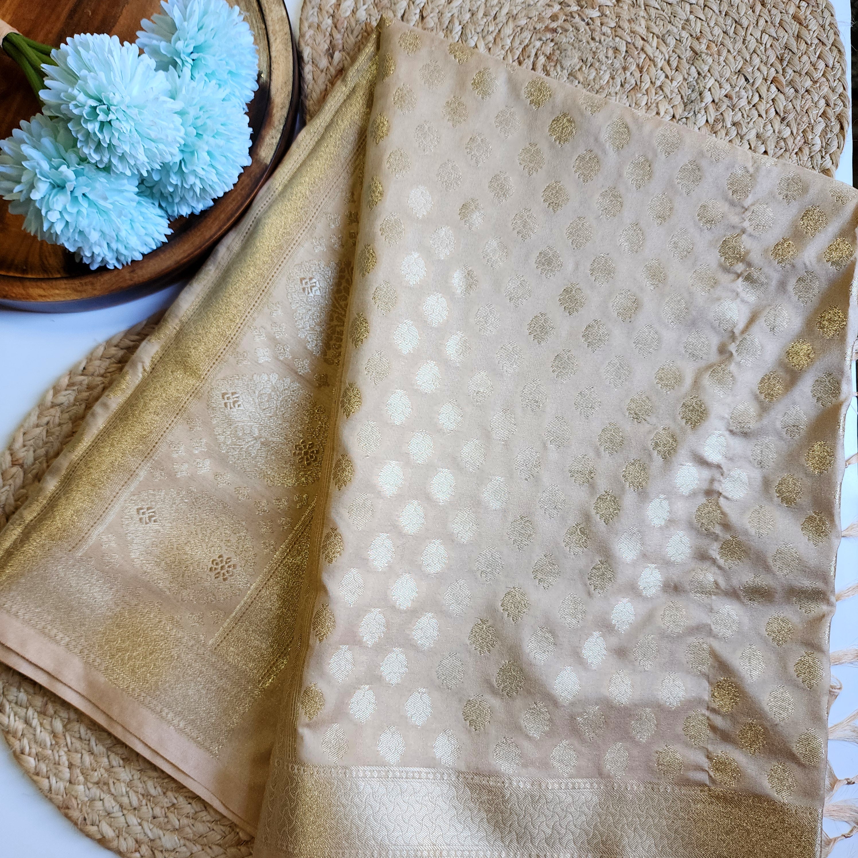 Champagne Beige Banarasi Tapetta Silk Dupatta with Gold Floral Zari Weave