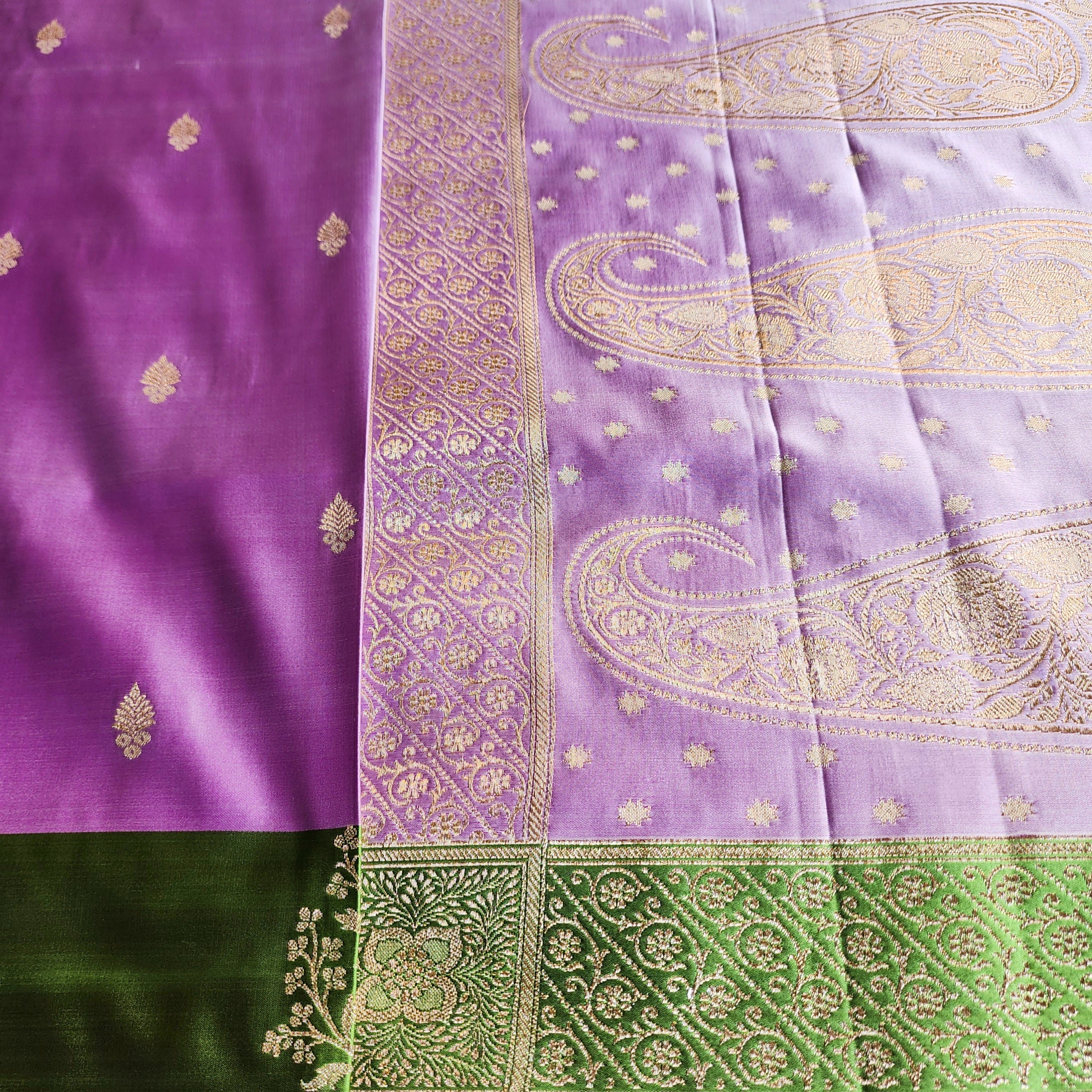 Lavender Katan Silk Saree with Parrot Green Gold Zari Border